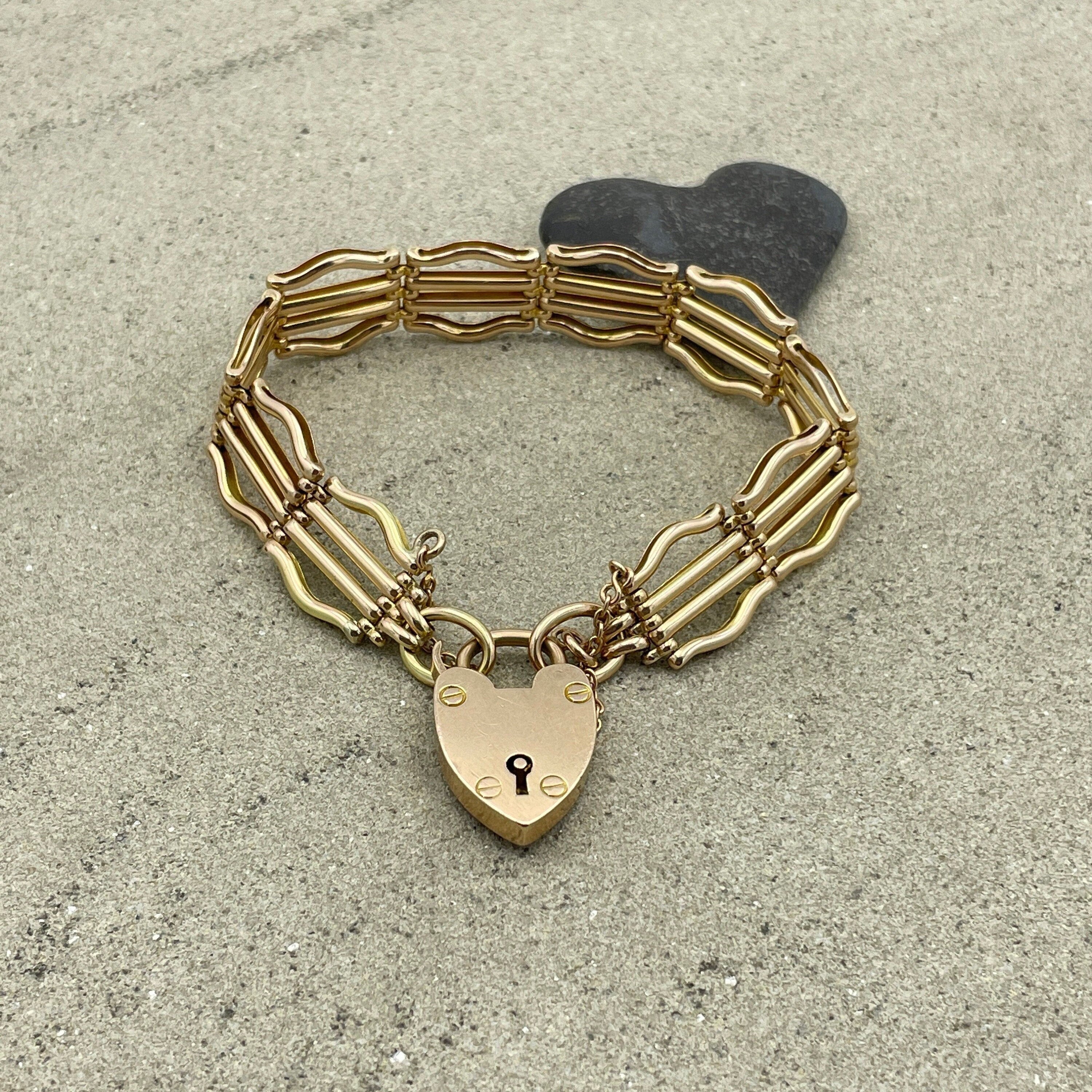 Antique 15ct Gold, Fancy Gate Link Bracelet With Heart Padlock Clasp