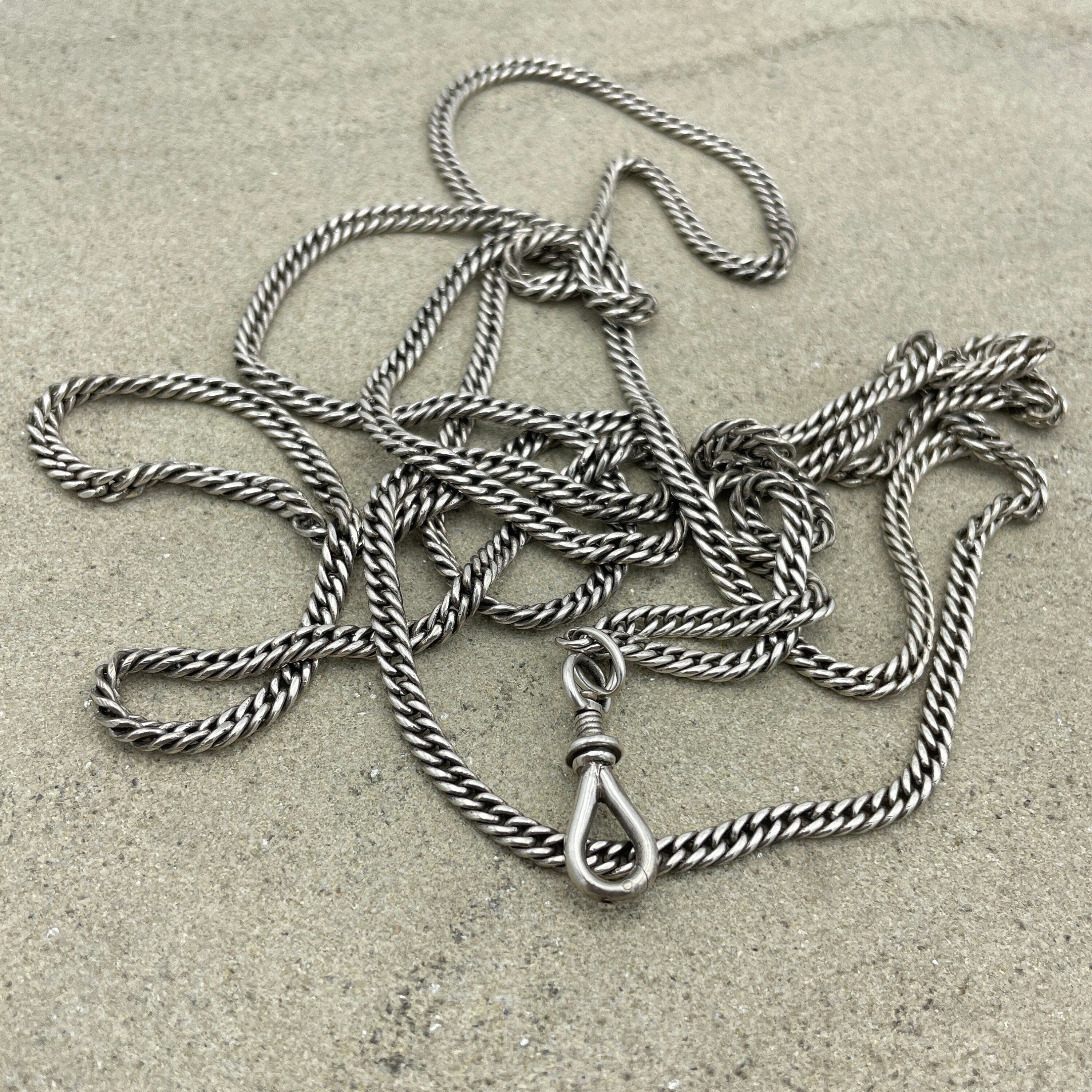 Antique curb link sterling silver guard chain, with swivel dog clip
