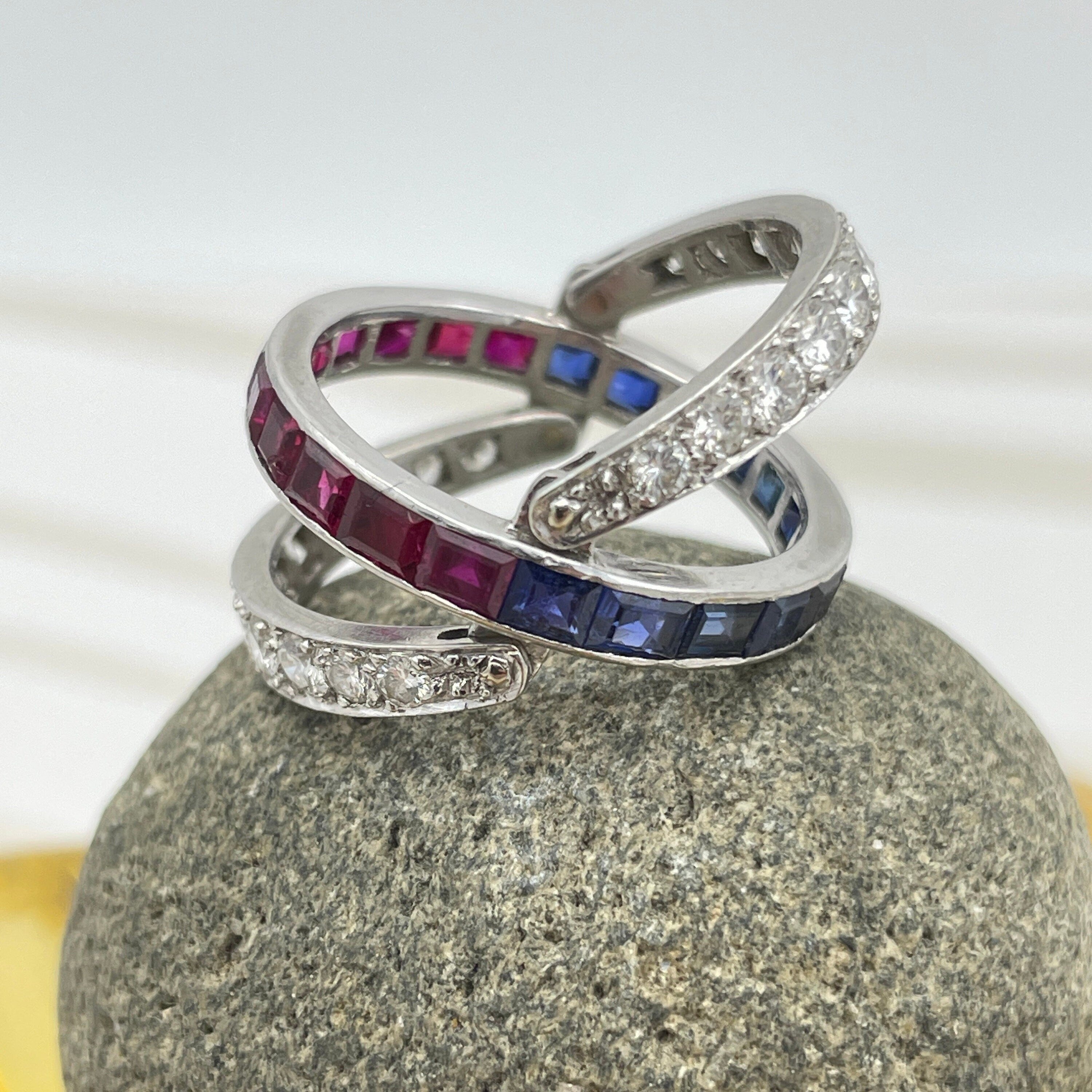 Original, Art deco, Platinum, Diamond, Ruby & Sapphire, Night & Day flip ring