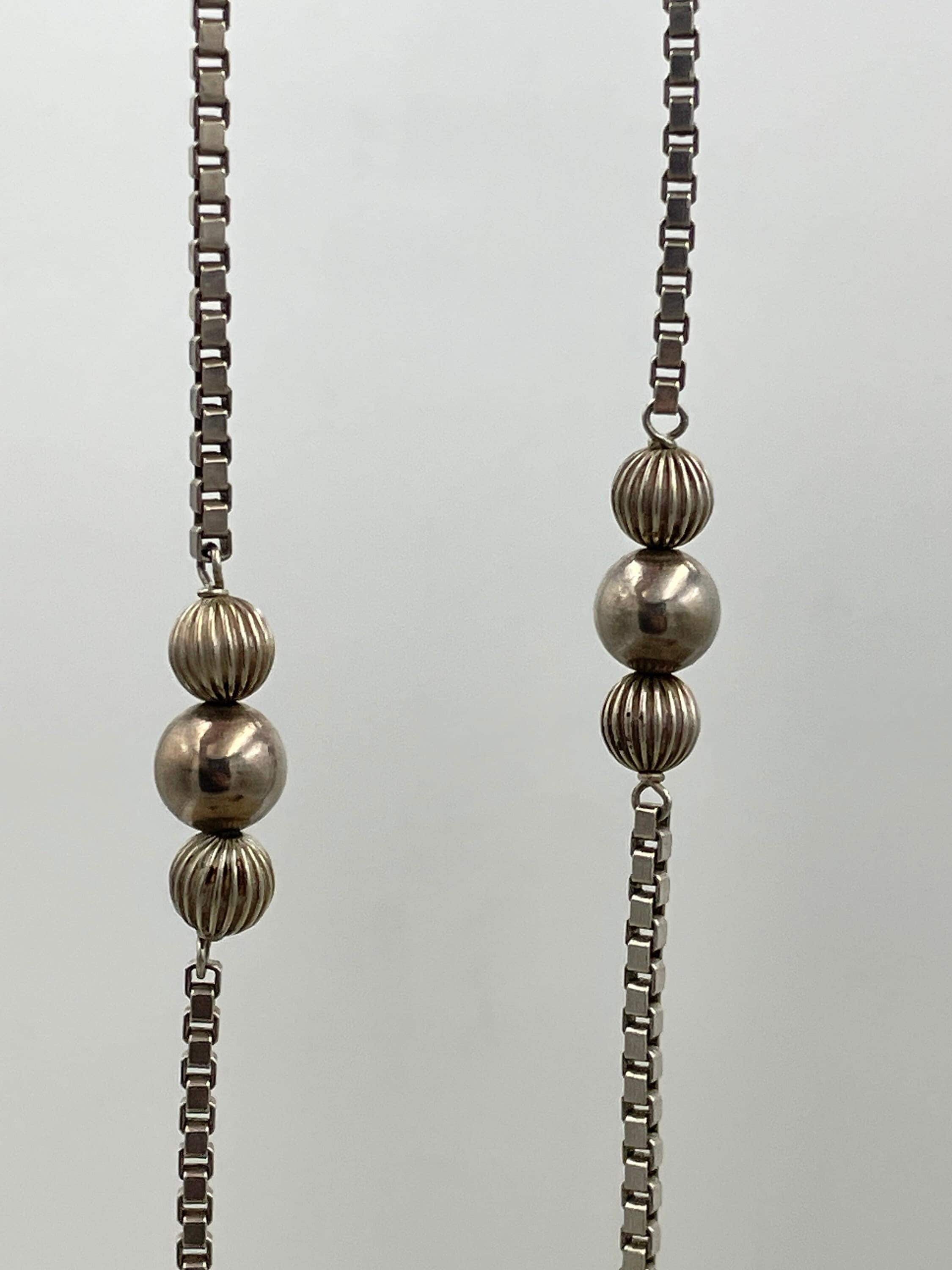 Art Deco 830 Silver, Reeded Ball, Box Link Chain Flapper Necklace