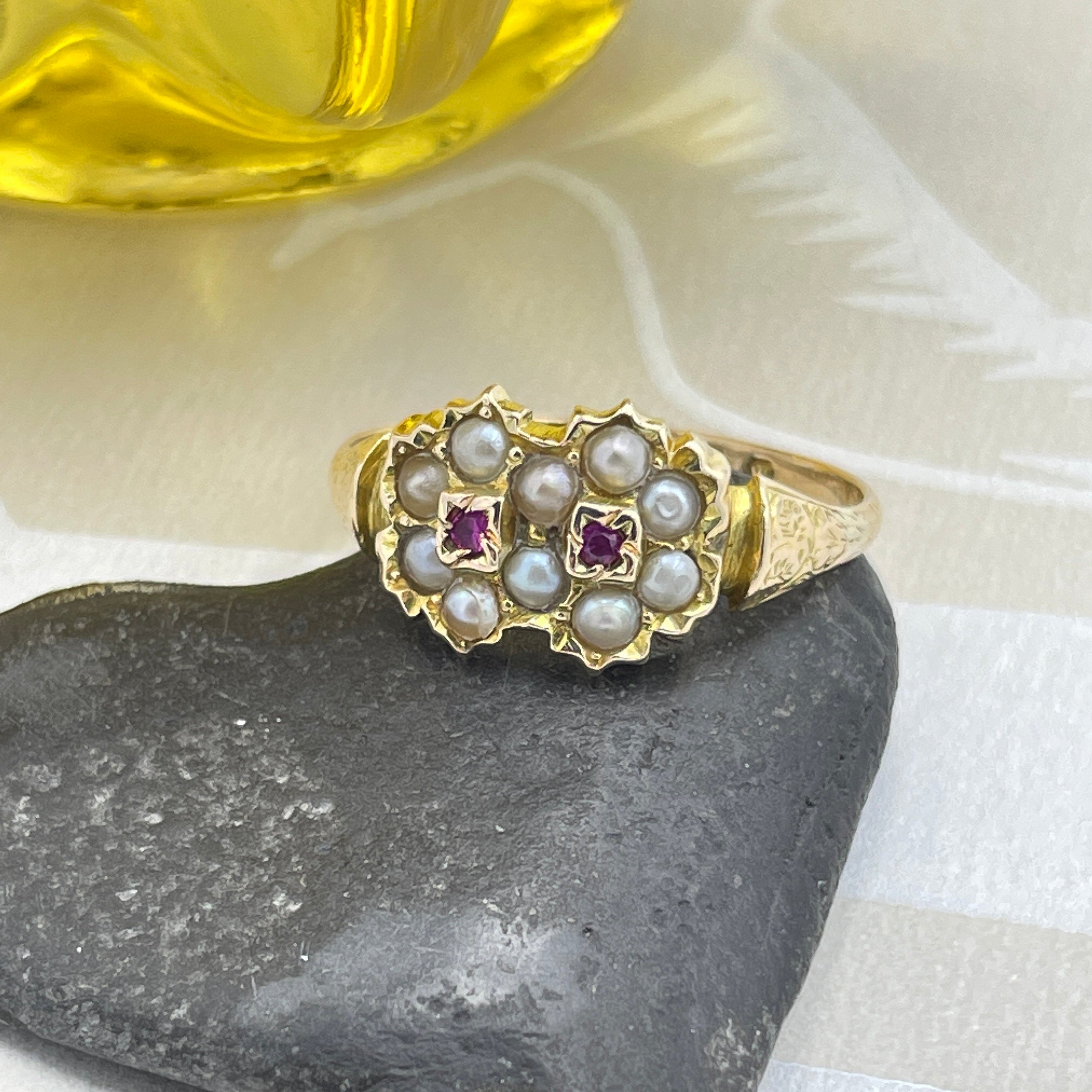 Antique 15ct gold, pearl and ruby, double daisy, cluster ring