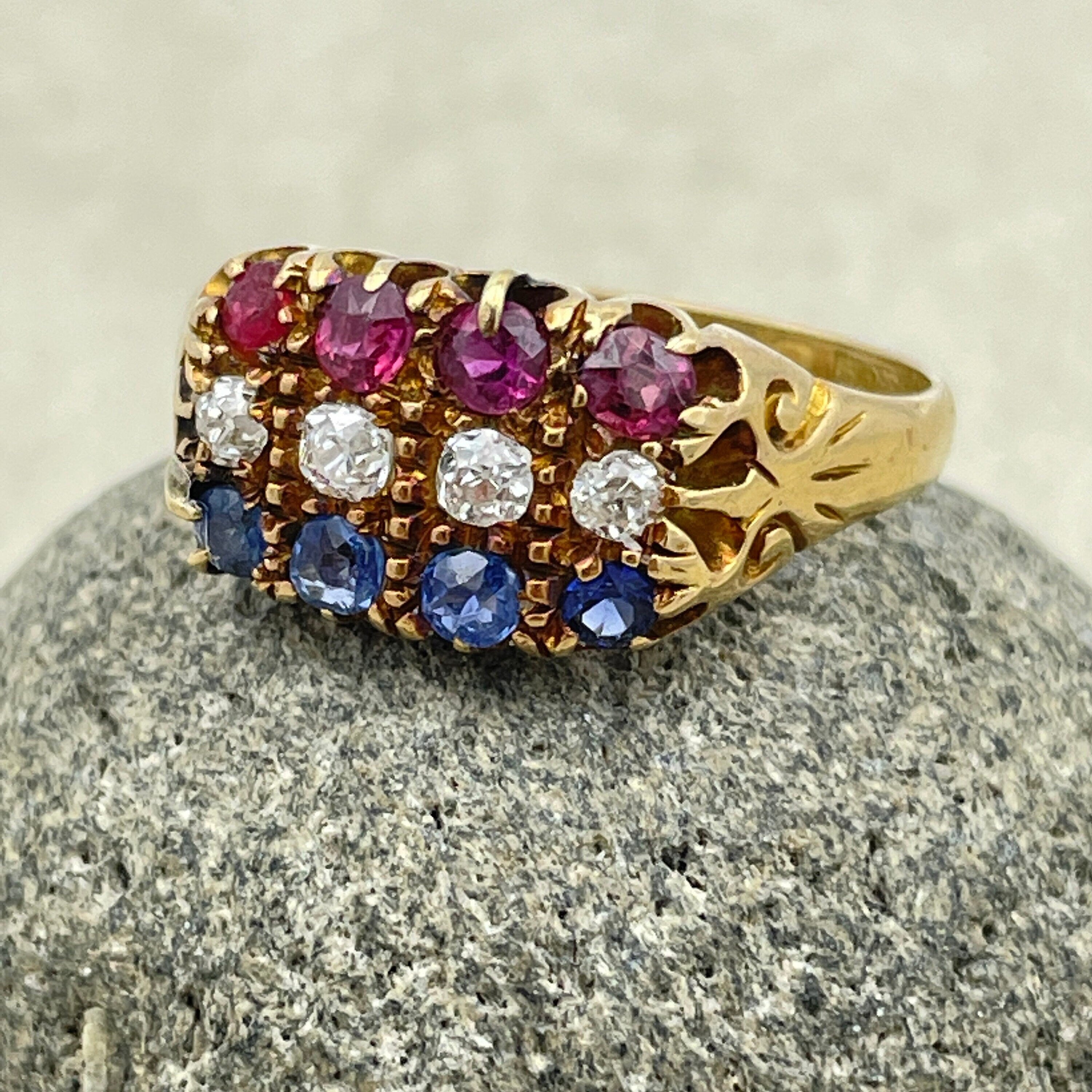 Edwardian 18ct gold , three row old cut diamond, ruby & sapphire ring, hallmarked chester 1903