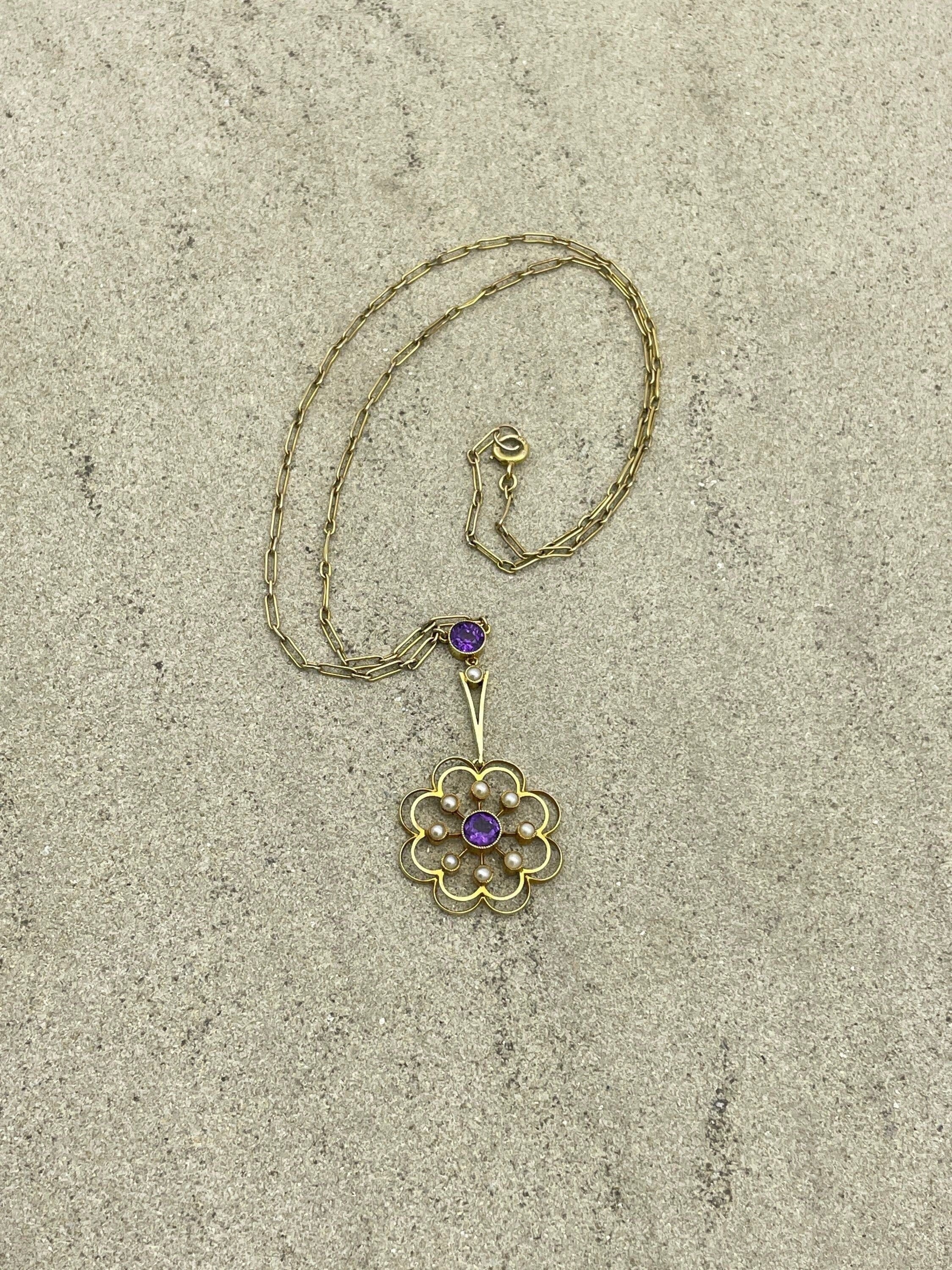 Edwardian 15ct gold, amethyst & seed pearl drop pendant necklace, fancy 9ct gold trombone link chain