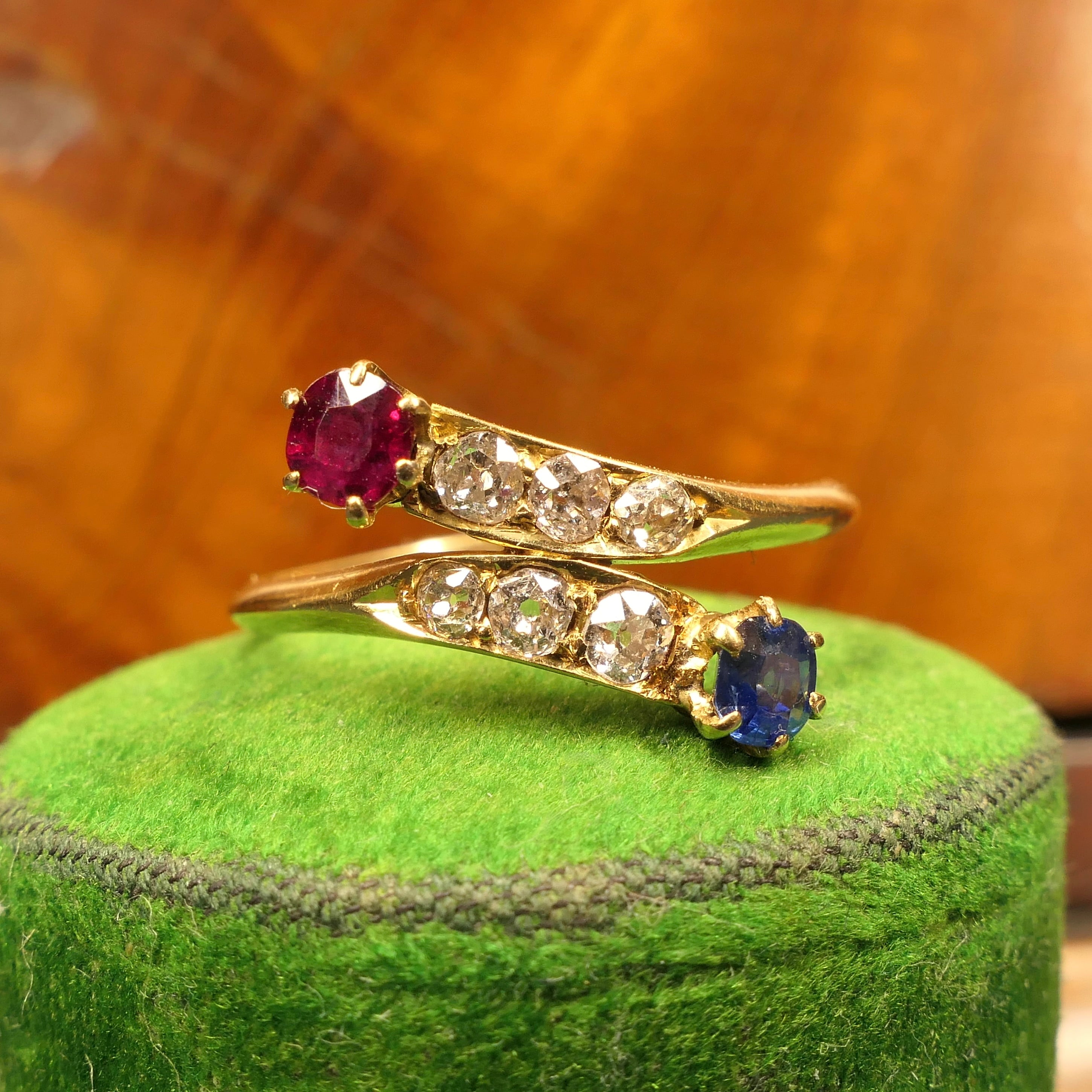 Antique 18ct Gold, Ruby, Sapphire & Old Cut Diamond Bypass Ring