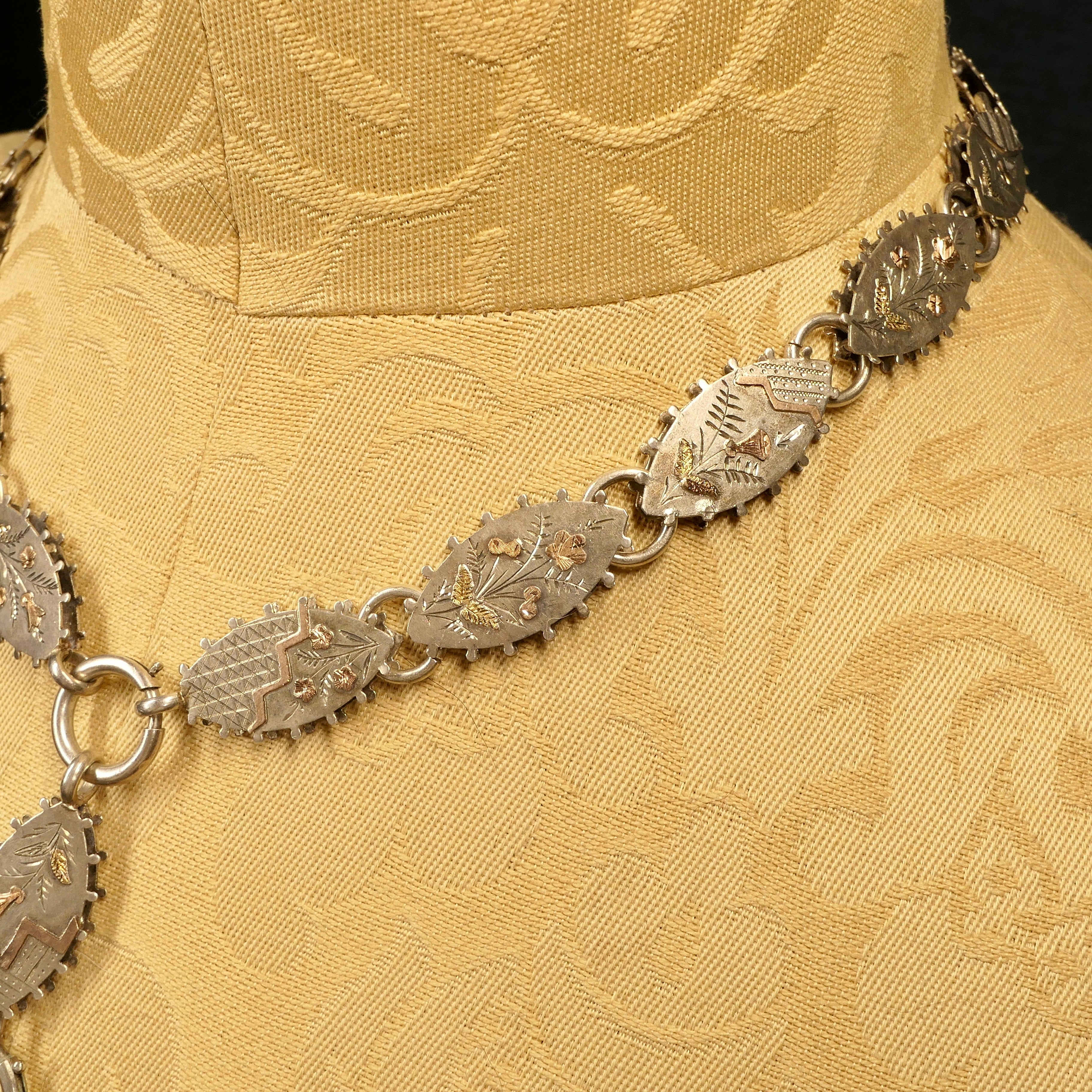 Victorian, Aesthetic movement, Bi-Colour Gold & Sterling Silver, Book Chain Collar Necklace