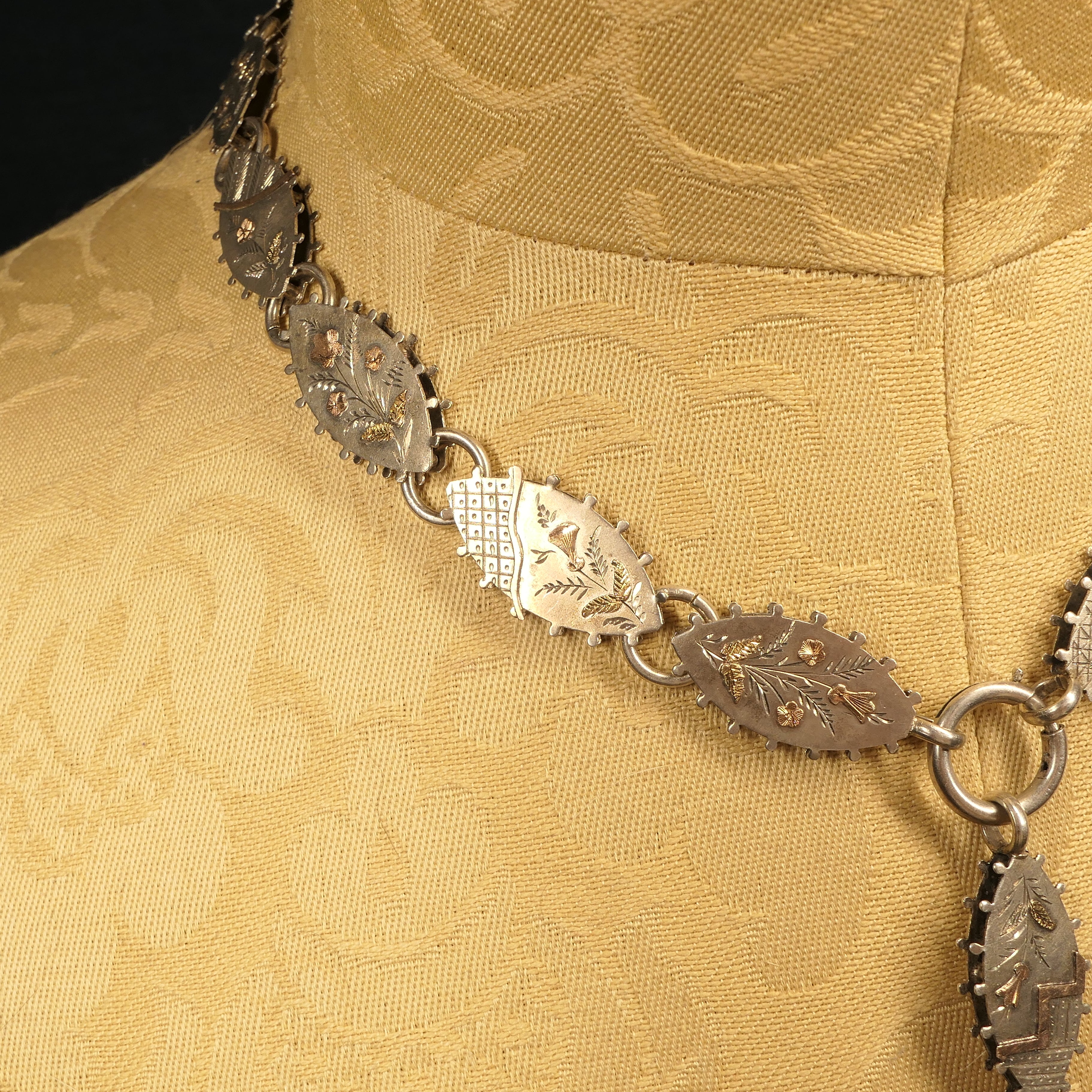 Victorian, Aesthetic movement, Bi-Colour Gold & Sterling Silver, Book Chain Collar Necklace