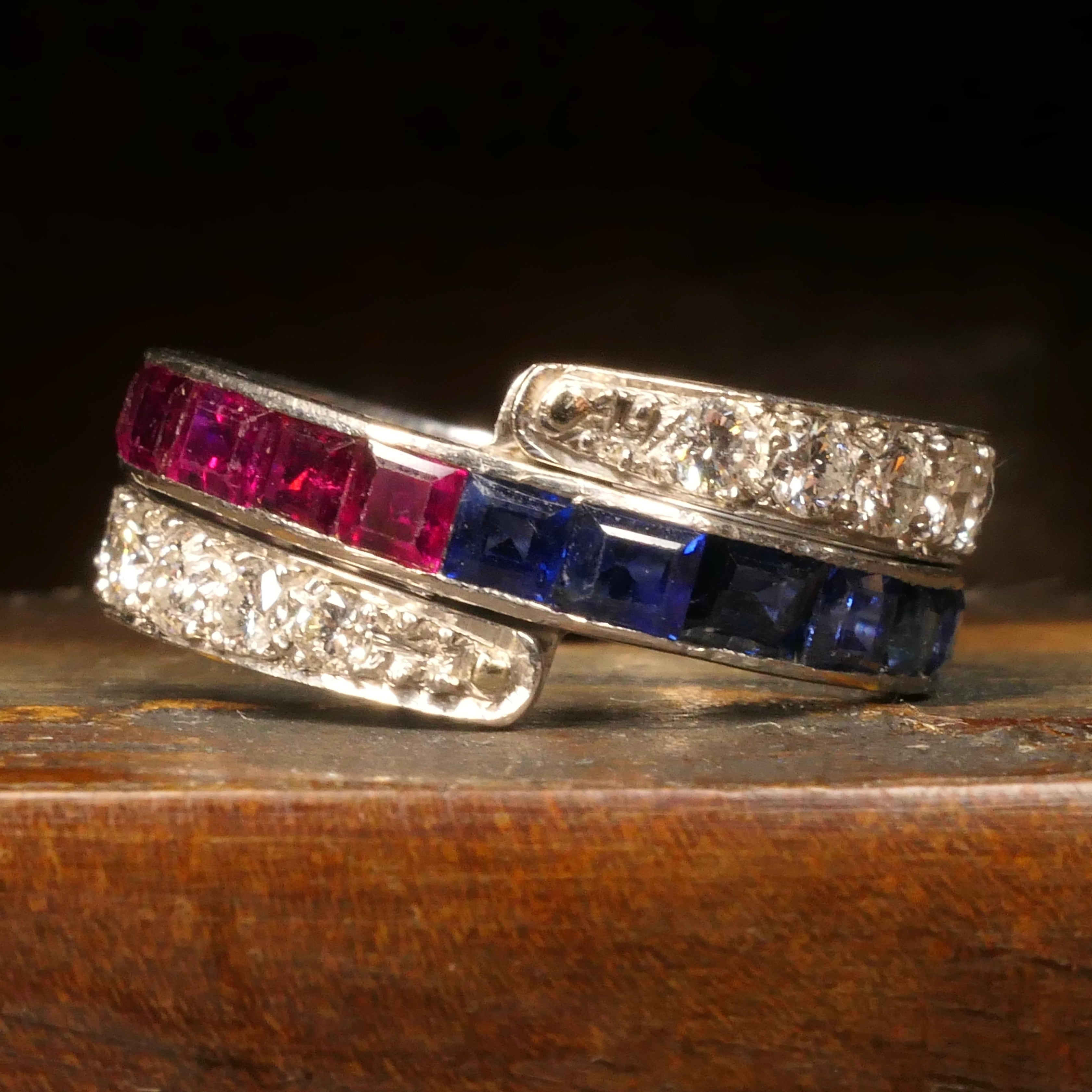 Original, Art deco, Platinum, Diamond, Ruby & Sapphire, Night & Day flip ring