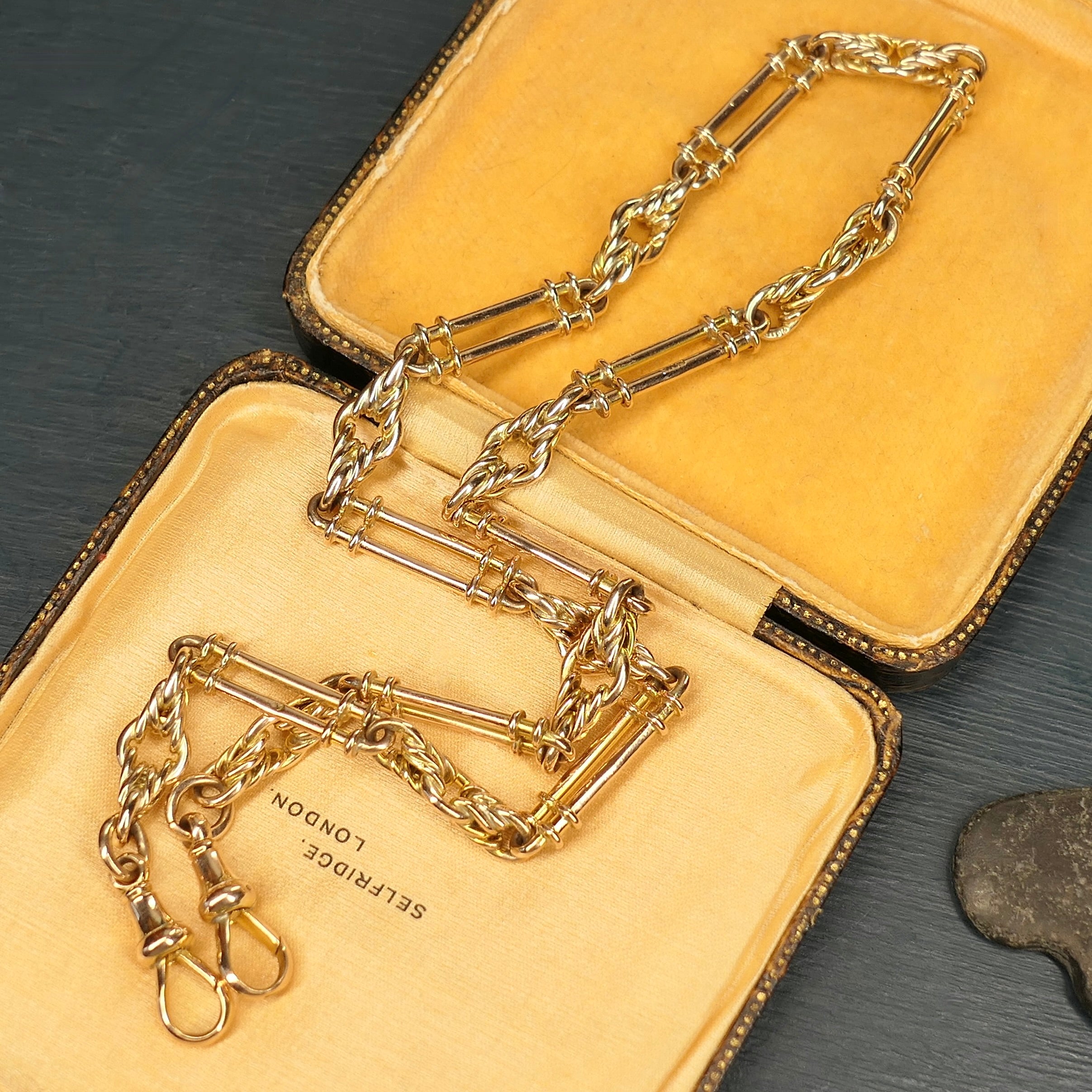 Antique, 9ct Gold, Trombone and Lovers Knot Link, Albert Watch Chain Necklace, 52.3 grams