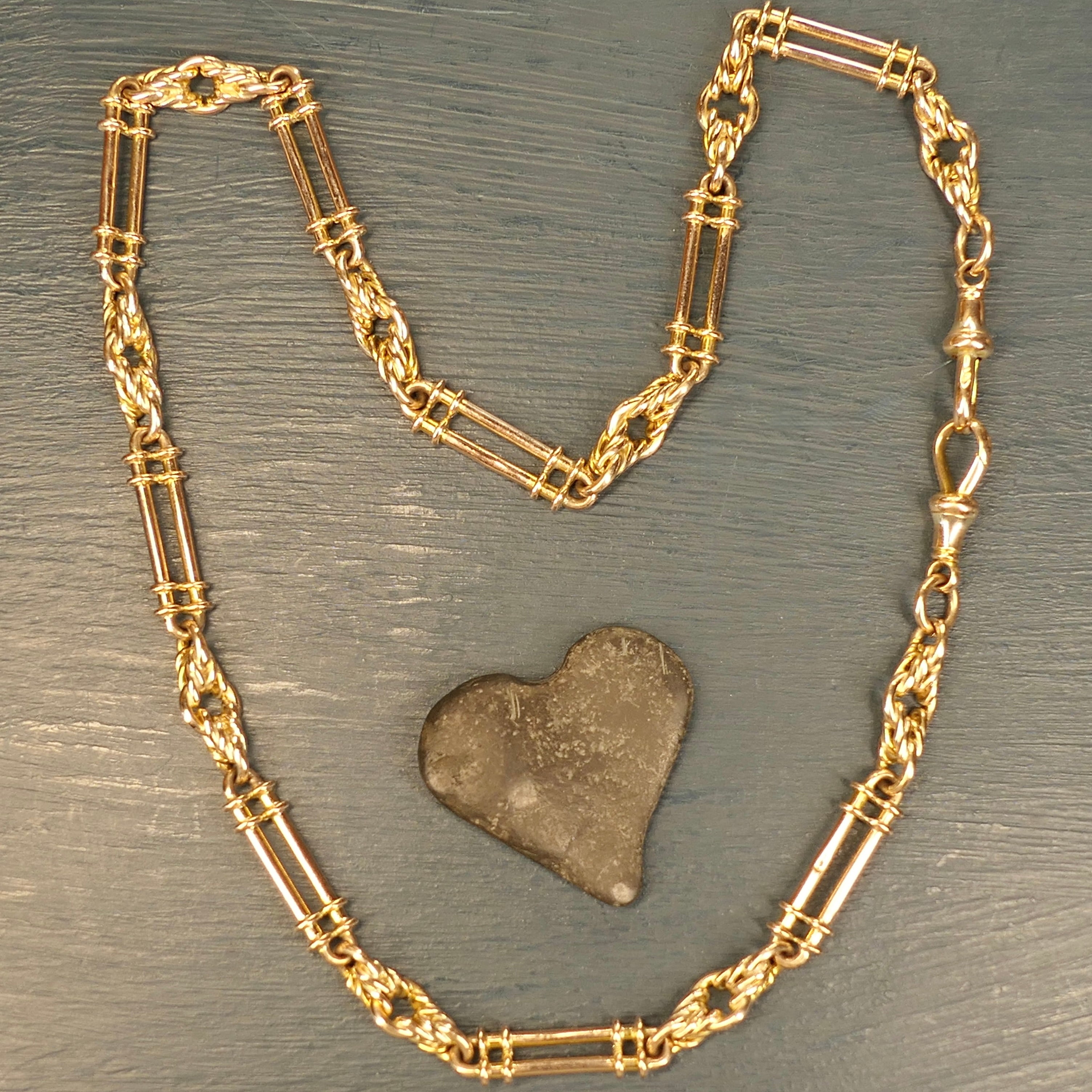 Antique, 9ct Gold, Trombone and Lovers Knot Link, Albert Watch Chain Necklace, 52.3 grams