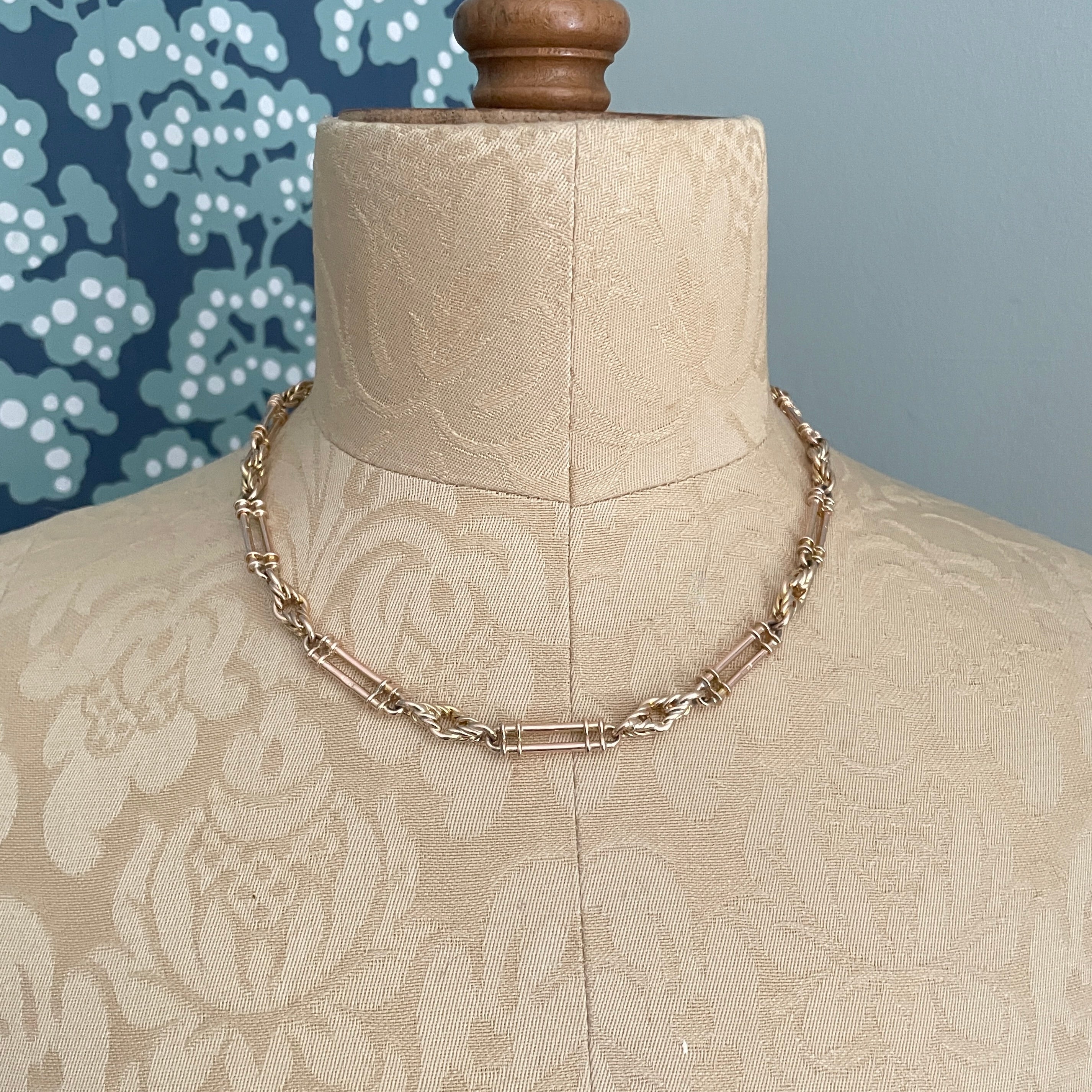 Antique, 9ct Gold, Trombone and Lovers Knot Link, Albert Watch Chain Necklace, 52.3 grams