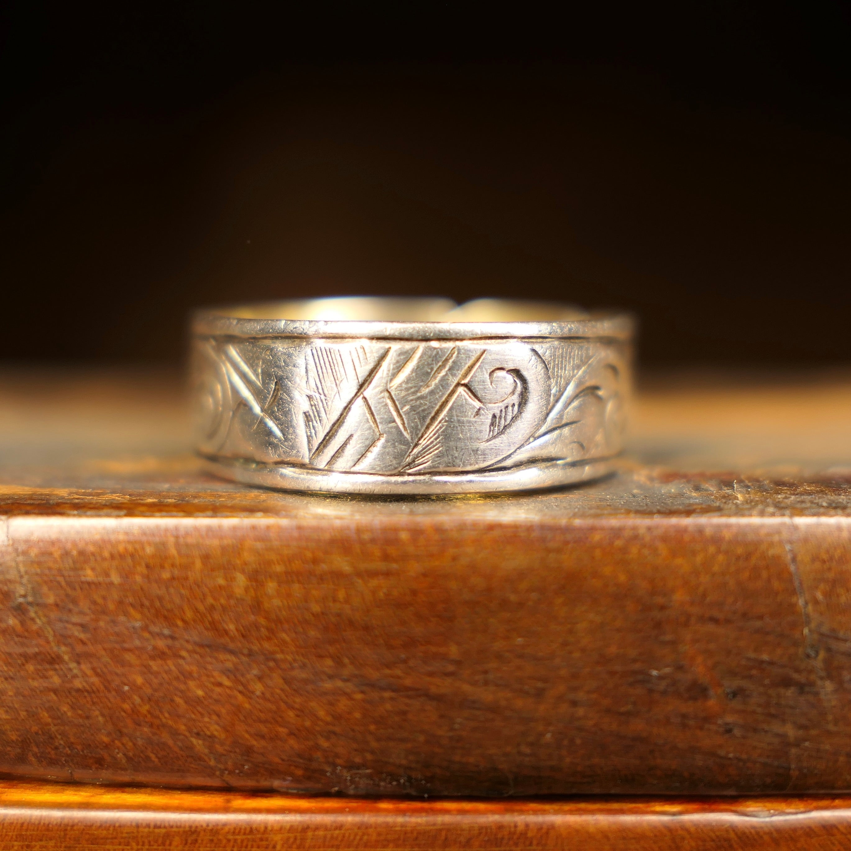 Antique, Hand Engraved, Sterling Silver Band Ring