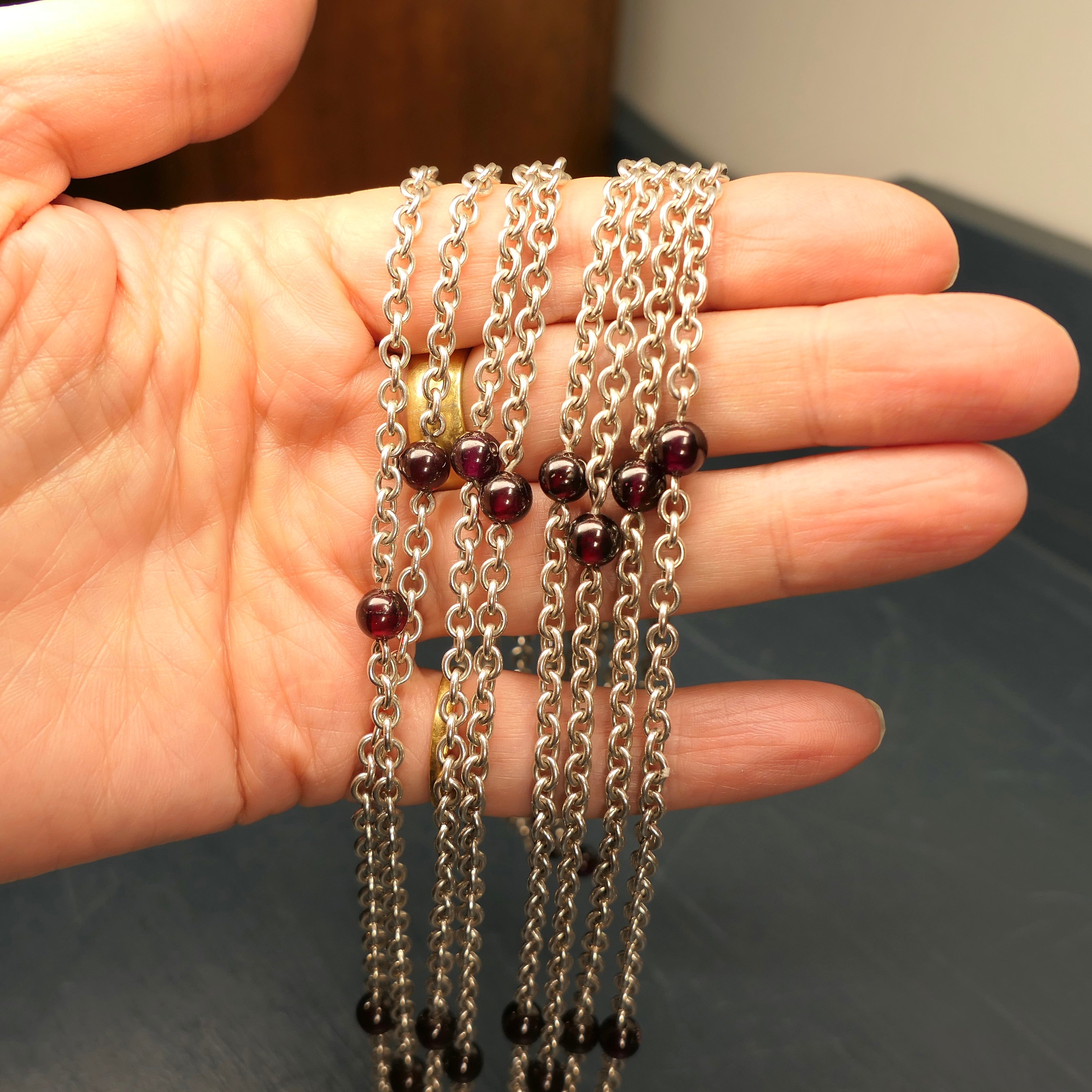 Vintage, Long Sterling Silver & Garnet Bead Belcher Chain Necklace, 1980s