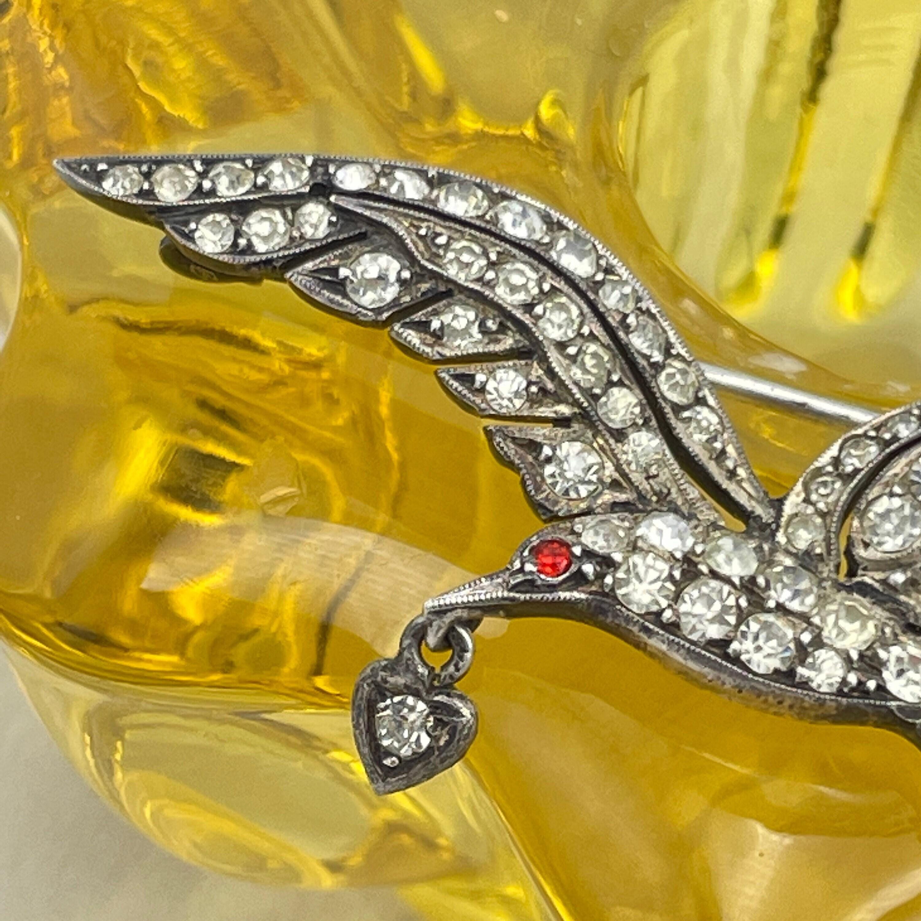 Antique, french, silver, paste stones, dove & heart brooch