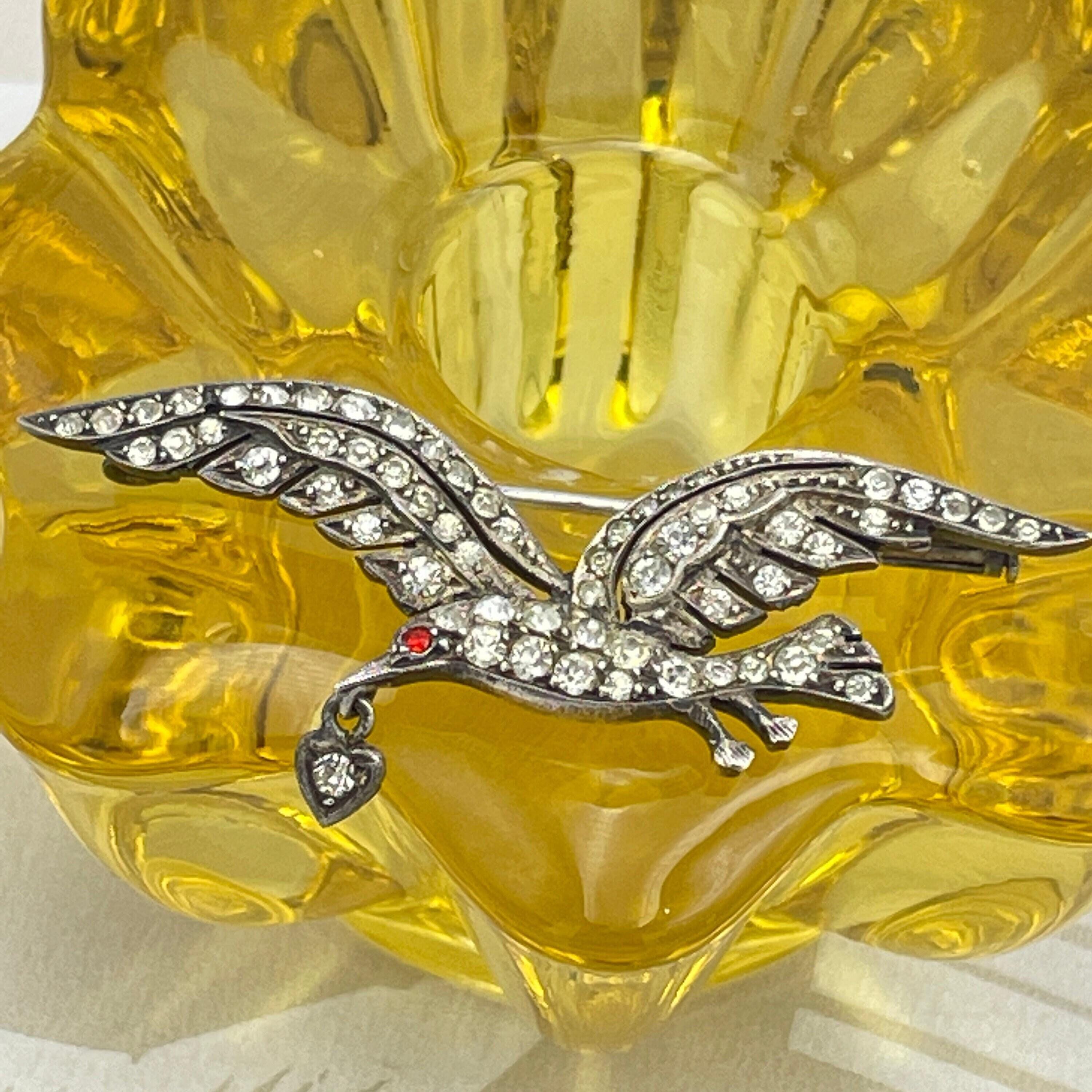 Antique, french, silver, paste stones, dove & heart brooch