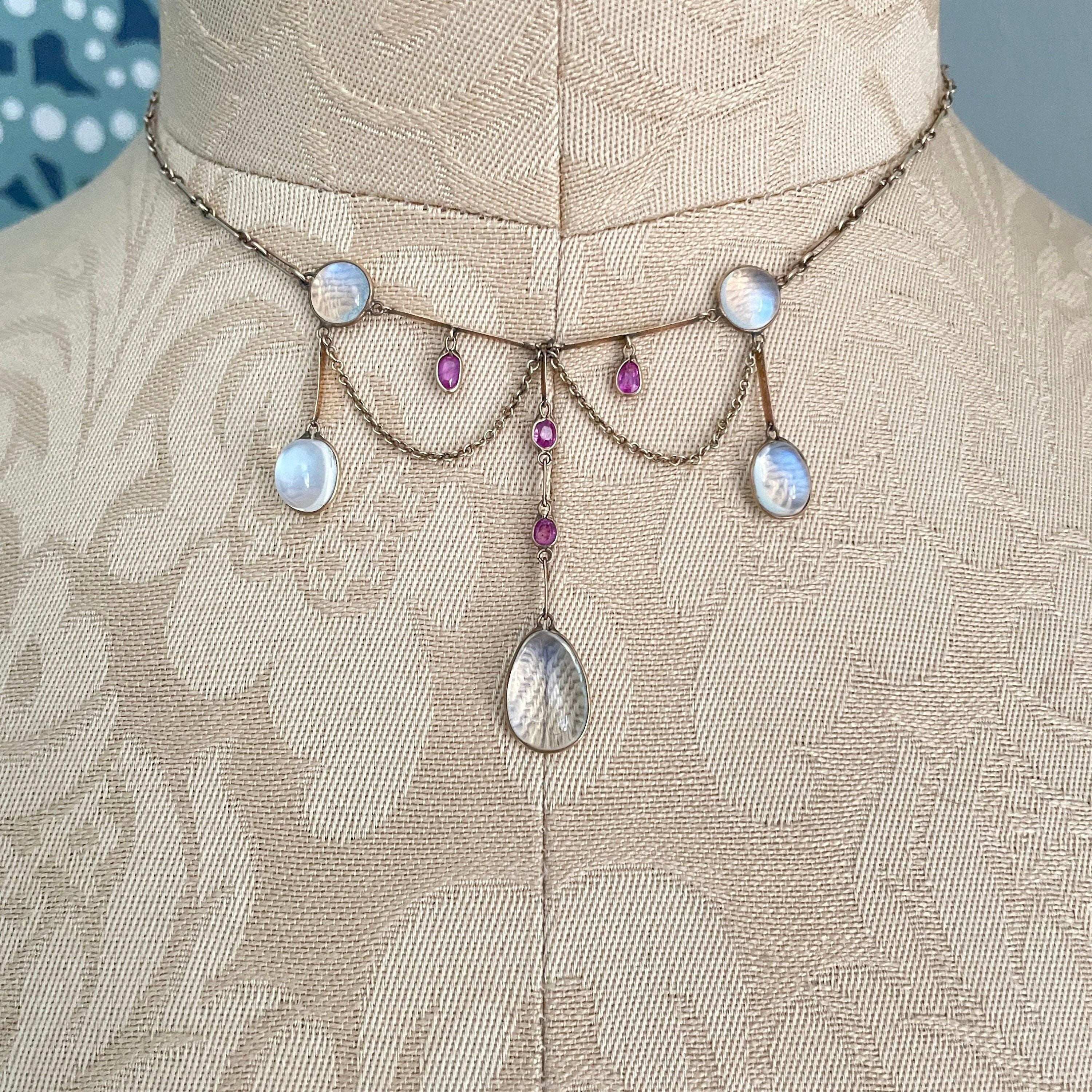 Antique 9ct gold, moonstone & ruby festoon necklace
