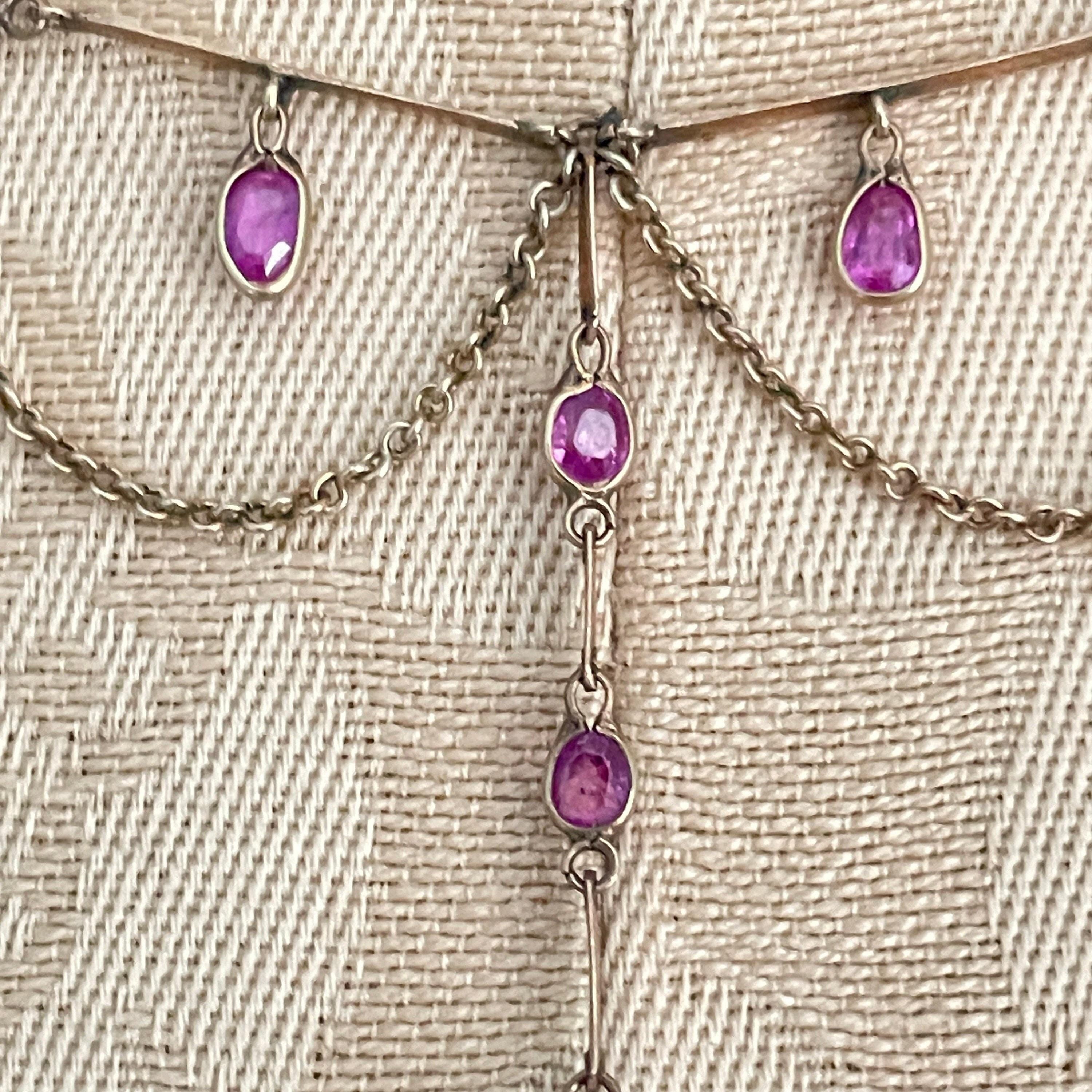 Antique 9ct gold, moonstone & ruby festoon necklace