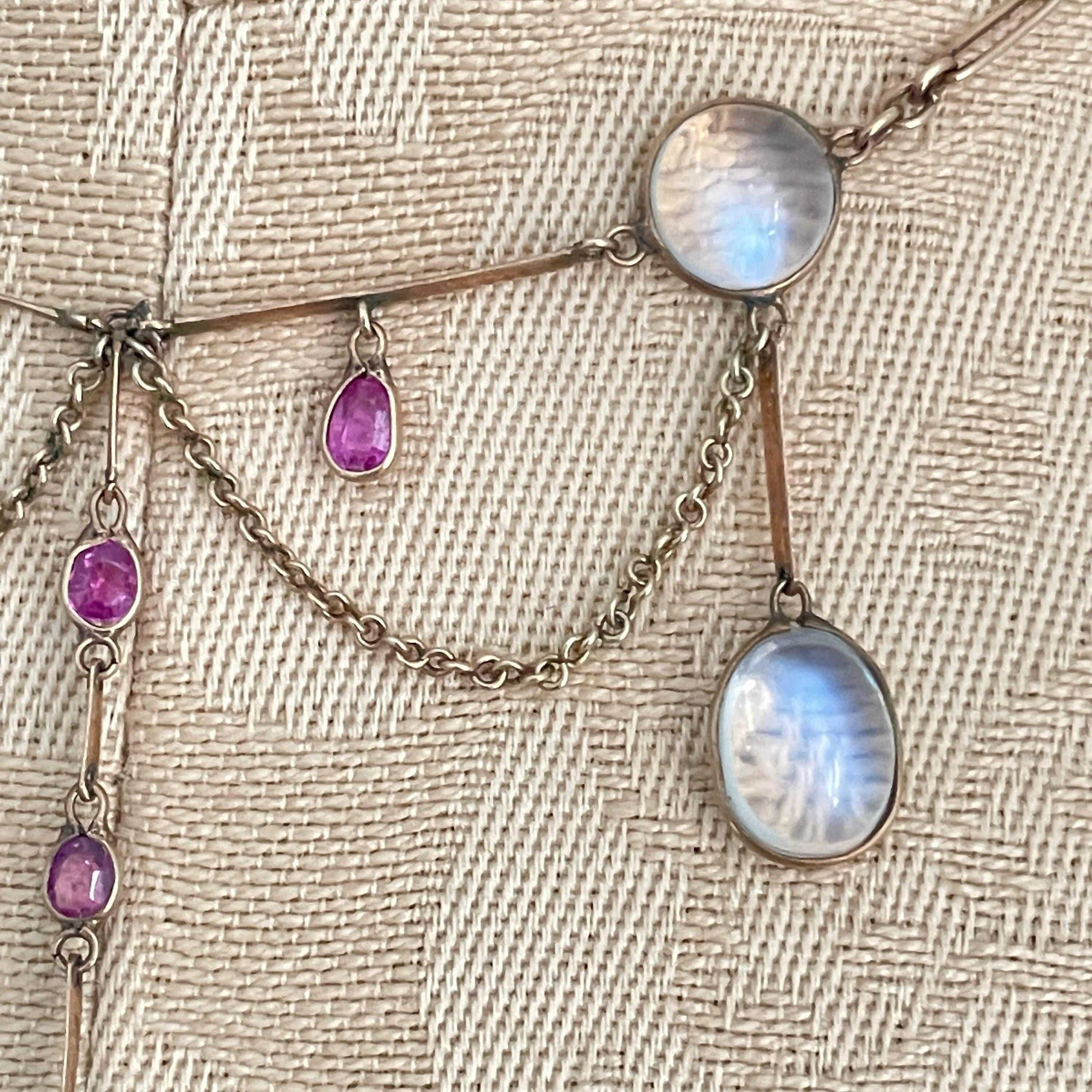 Antique 9ct gold, moonstone & ruby festoon necklace