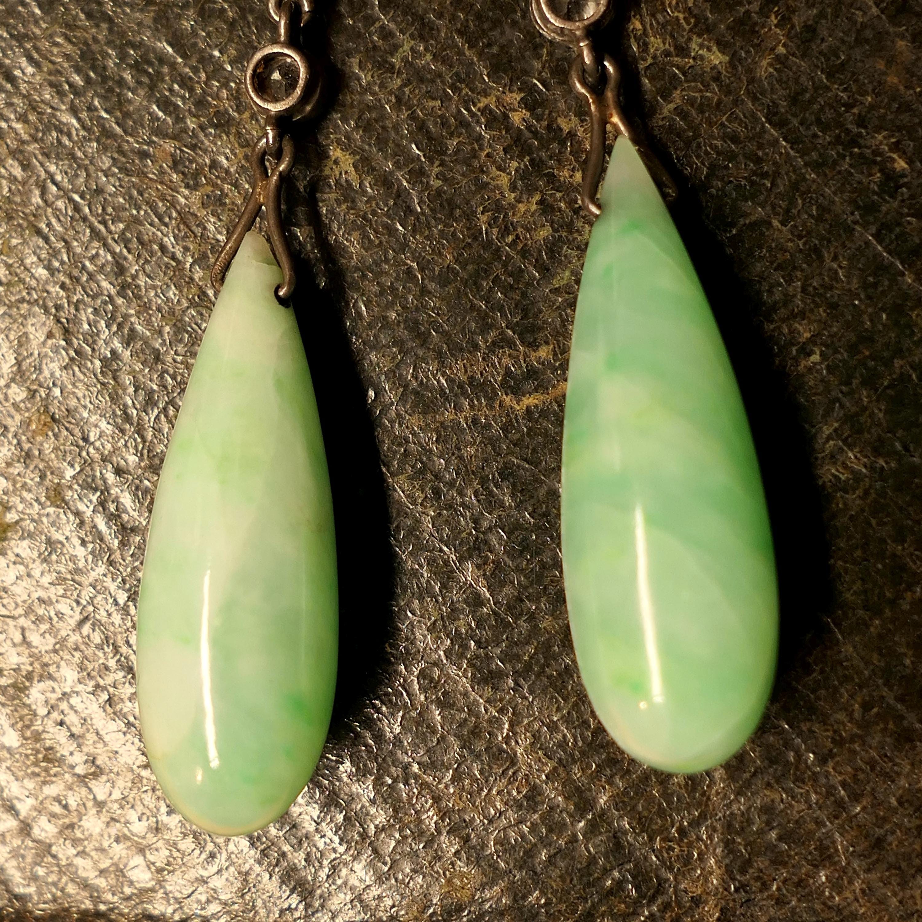 1920's, Art Deco, Silver, Paste & Jade Torpedo Long Drop Earrings