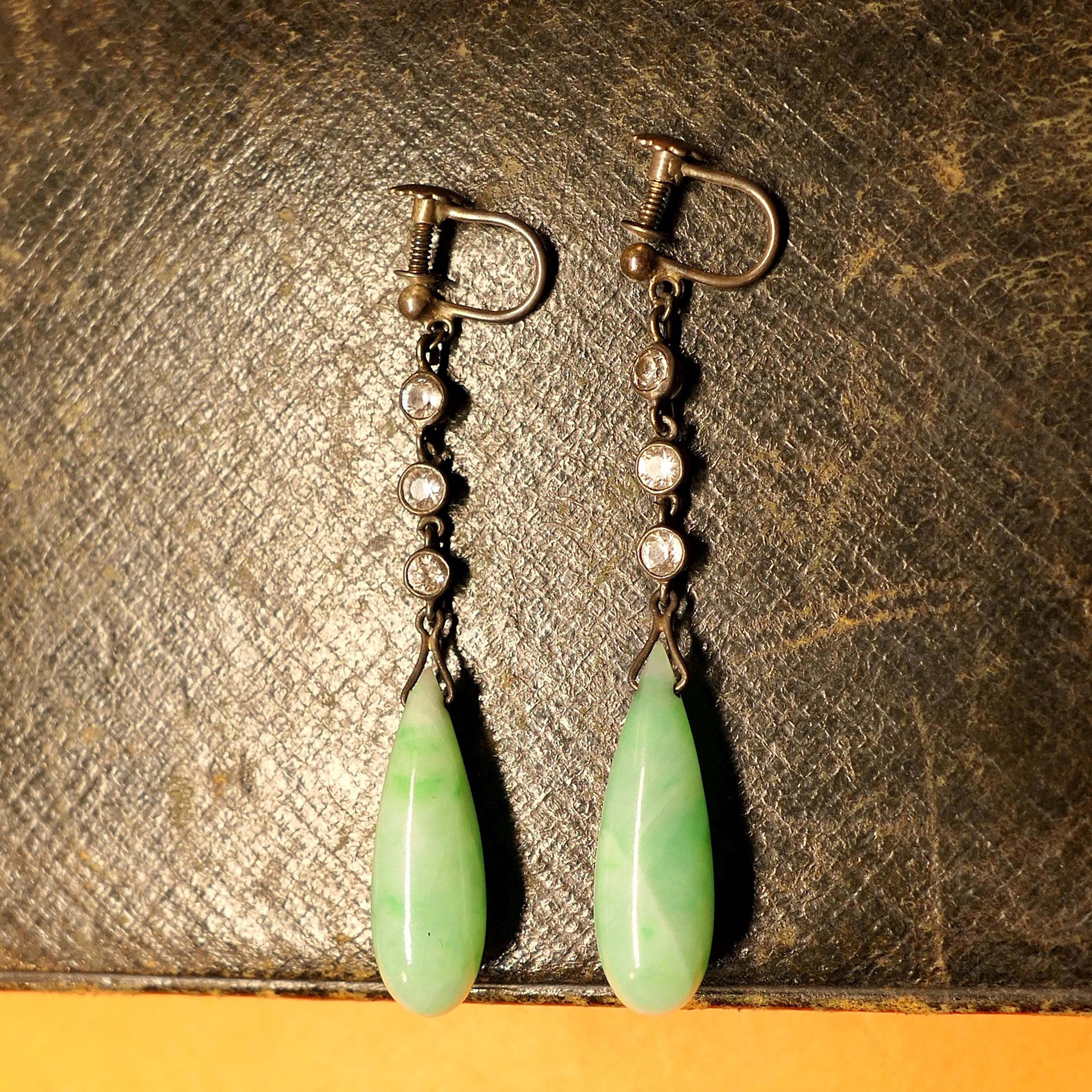 1920's, Art Deco, Silver, Paste & Jade Torpedo Long Drop Earrings