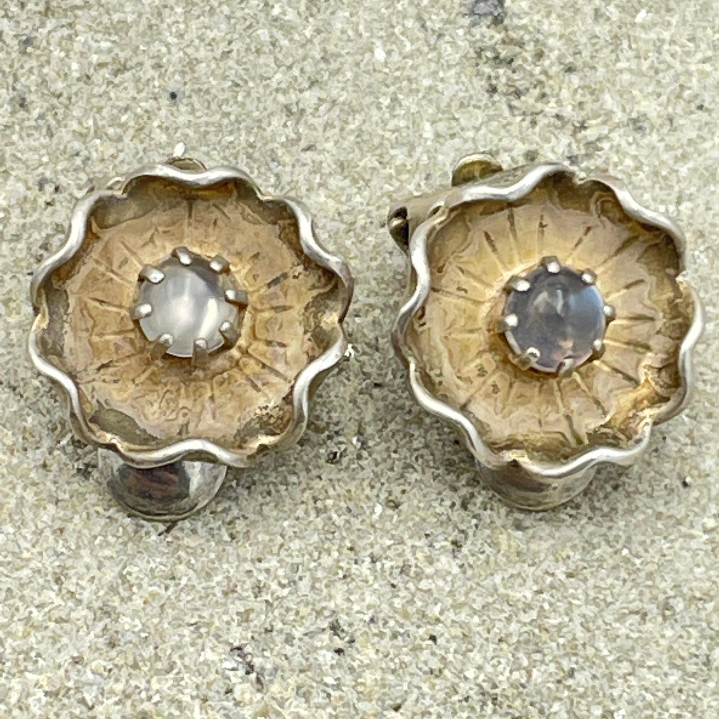 Vintage hand made sterling silver moonstone cabochon flower clip on earrings, mid century c1950s