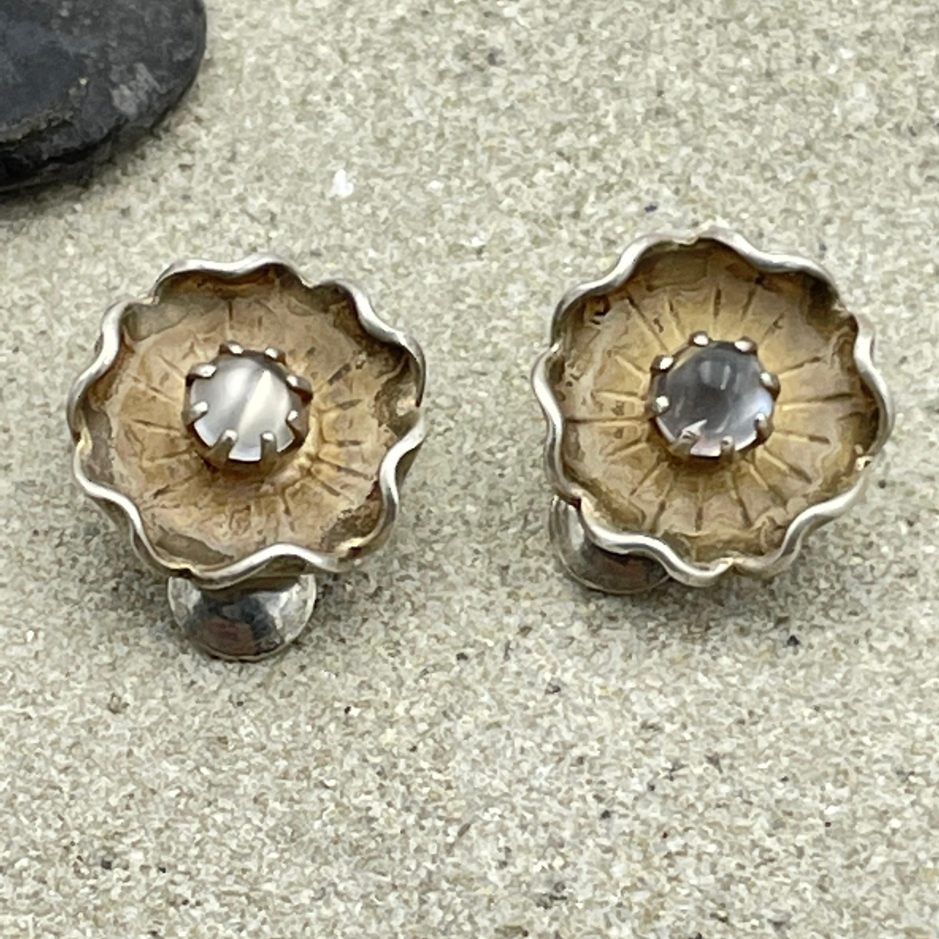 Vintage hand made sterling silver moonstone cabochon flower clip on earrings, mid century c1950s