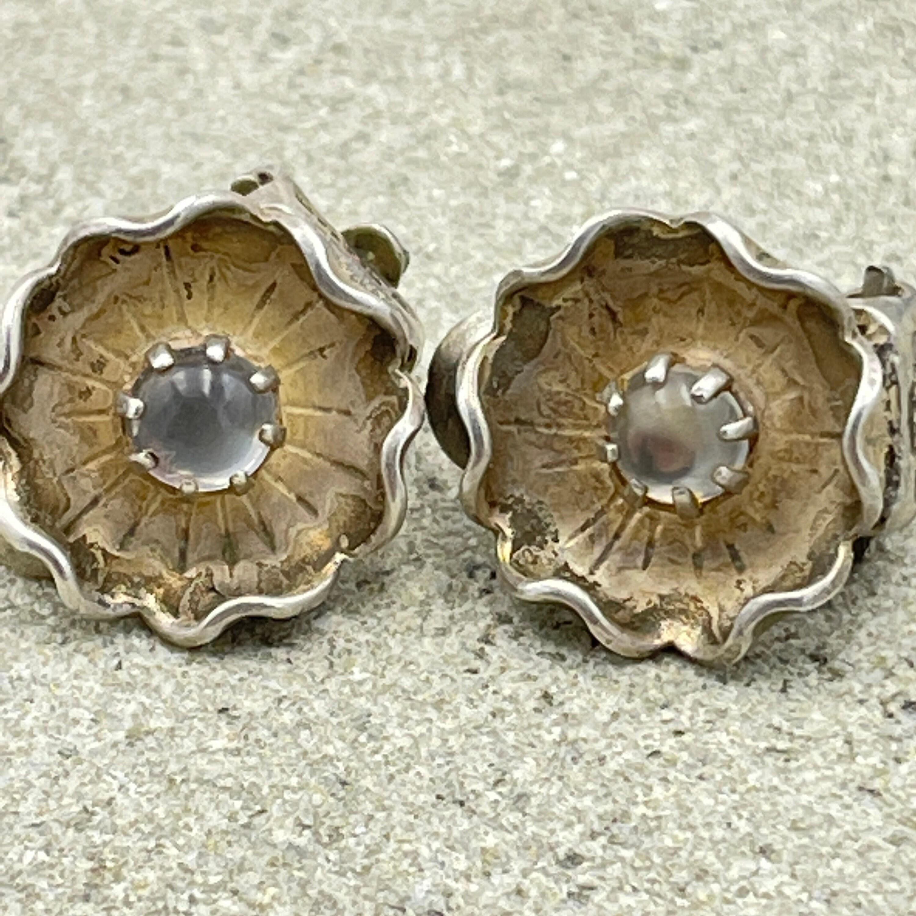 Vintage hand made sterling silver moonstone cabochon flower clip on earrings, mid century c1950s