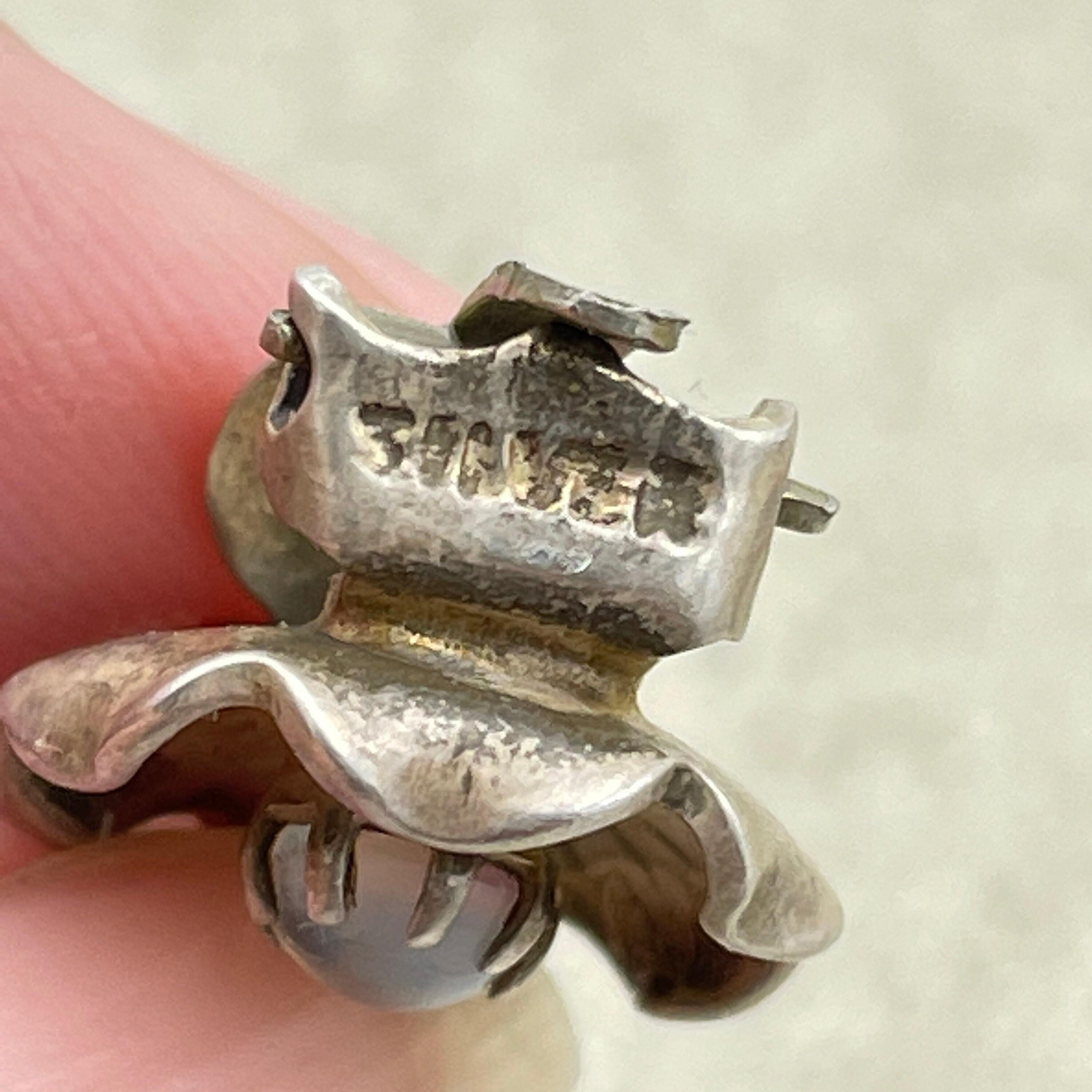 Vintage hand made sterling silver moonstone cabochon flower clip on earrings, mid century c1950s