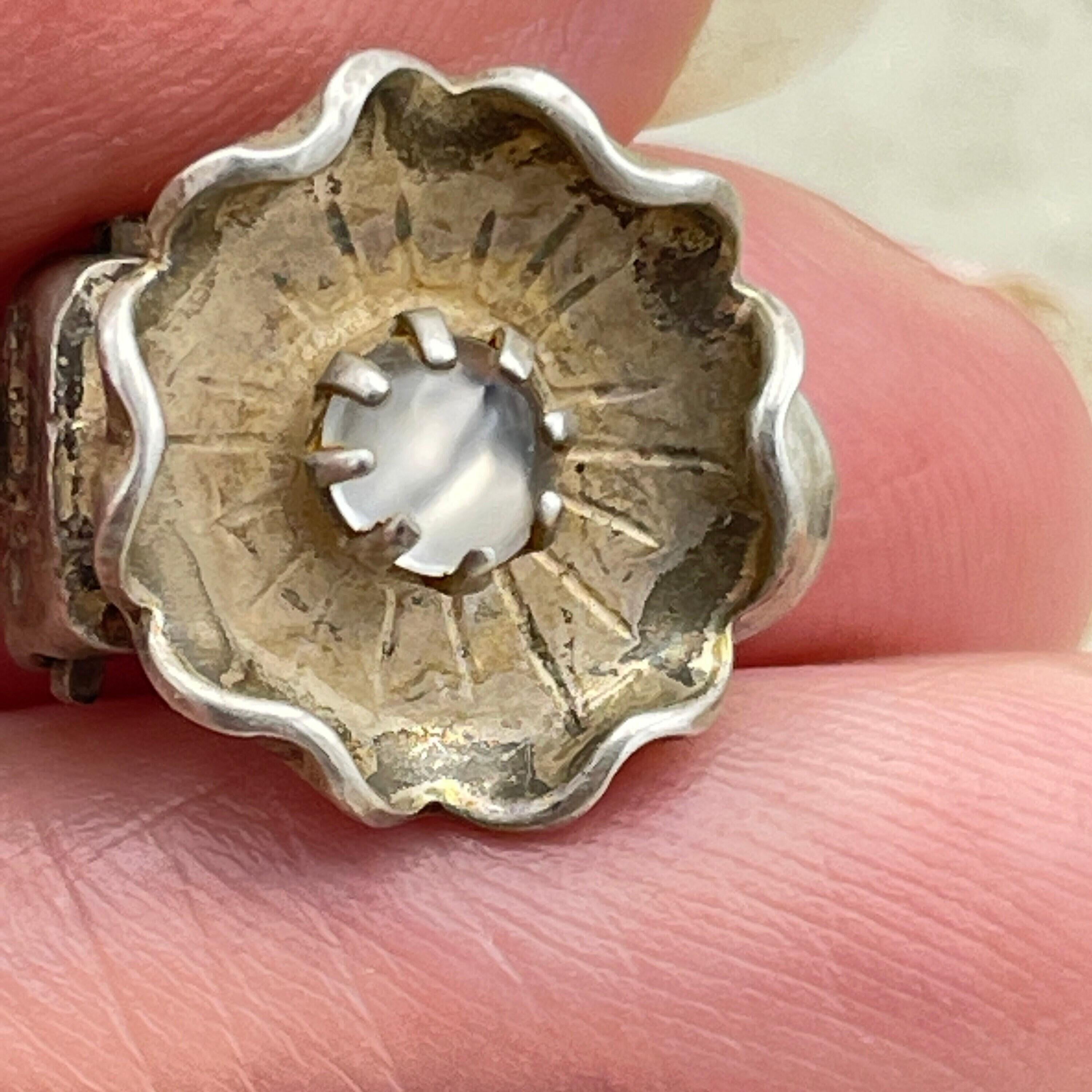 Vintage hand made sterling silver moonstone cabochon flower clip on earrings, mid century c1950s