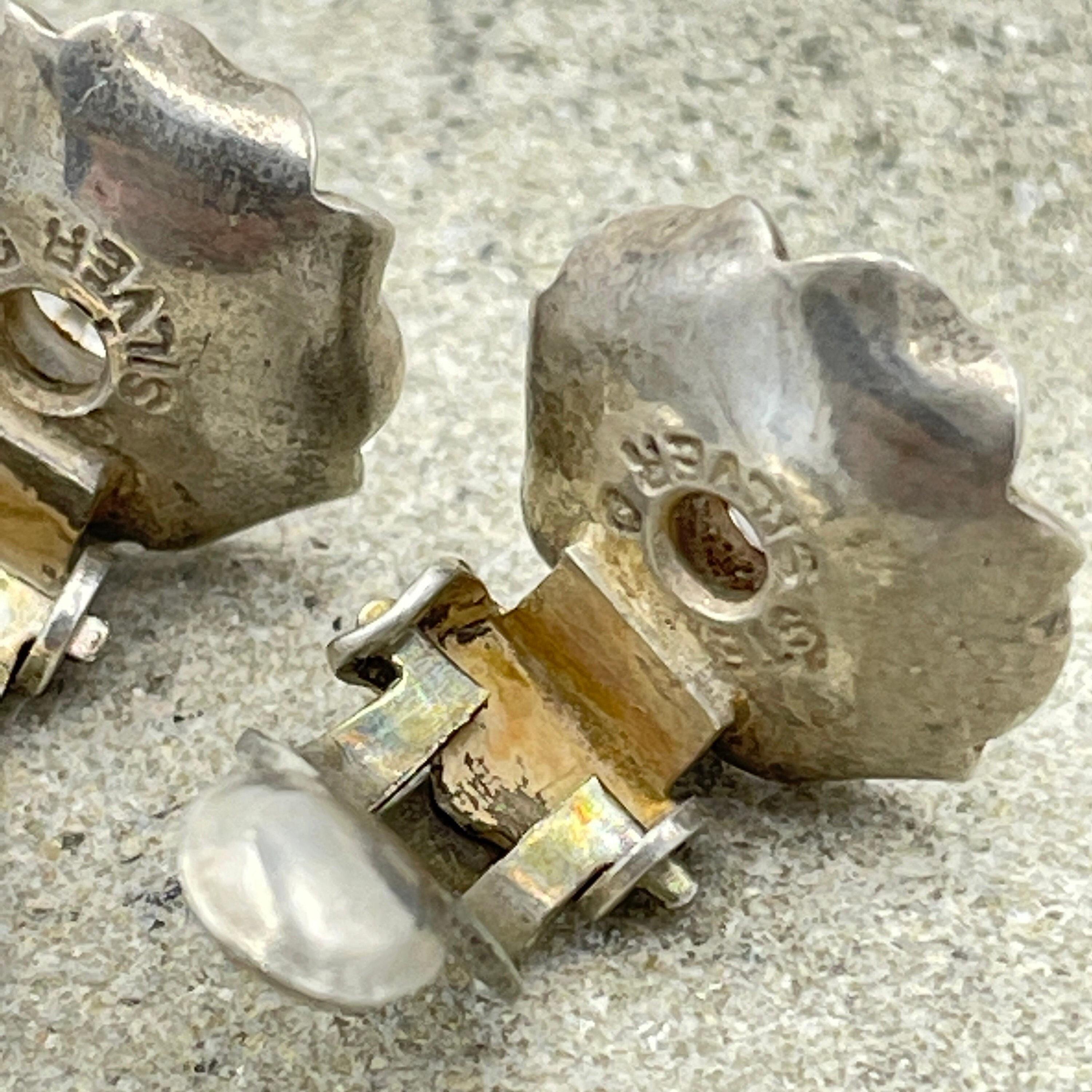 Vintage hand made sterling silver moonstone cabochon flower clip on earrings, mid century c1950s