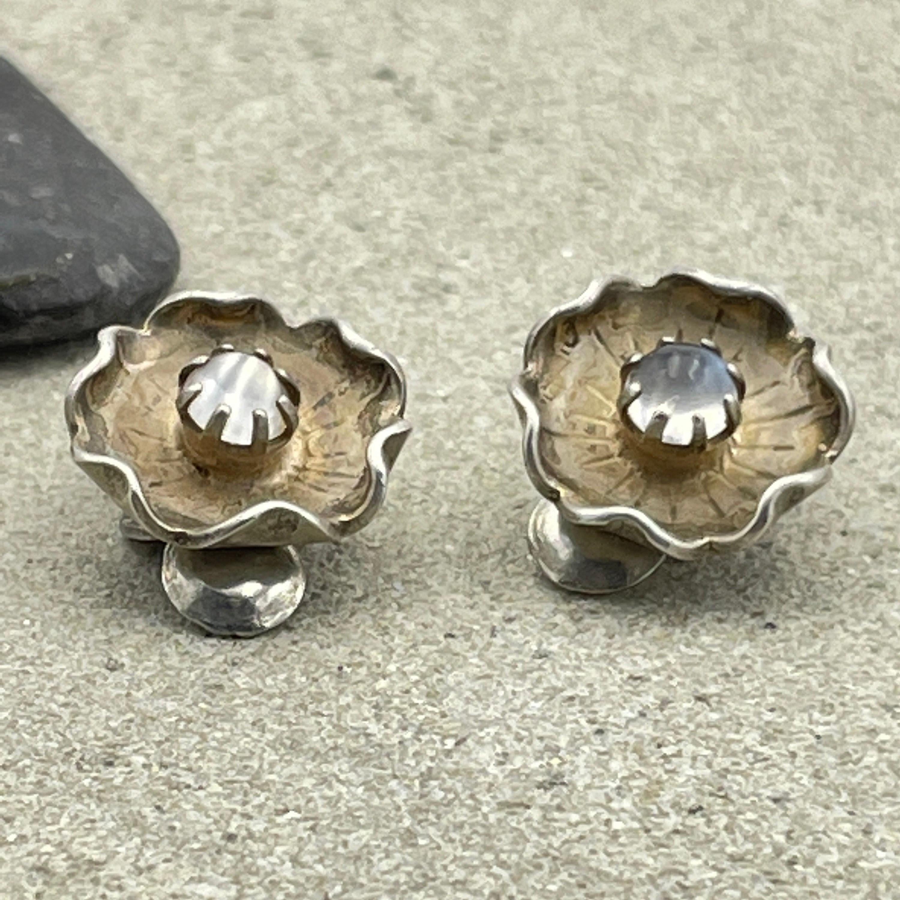 Vintage hand made sterling silver moonstone cabochon flower clip on earrings, mid century c1950s