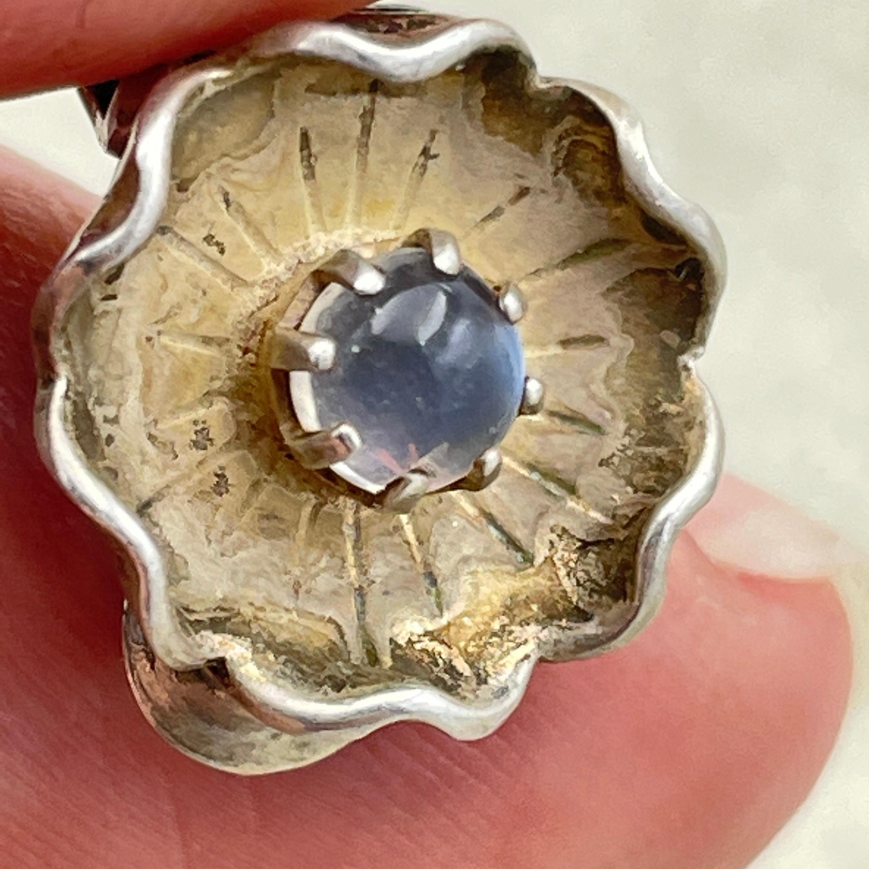 Vintage hand made sterling silver moonstone cabochon flower clip on earrings, mid century c1950s