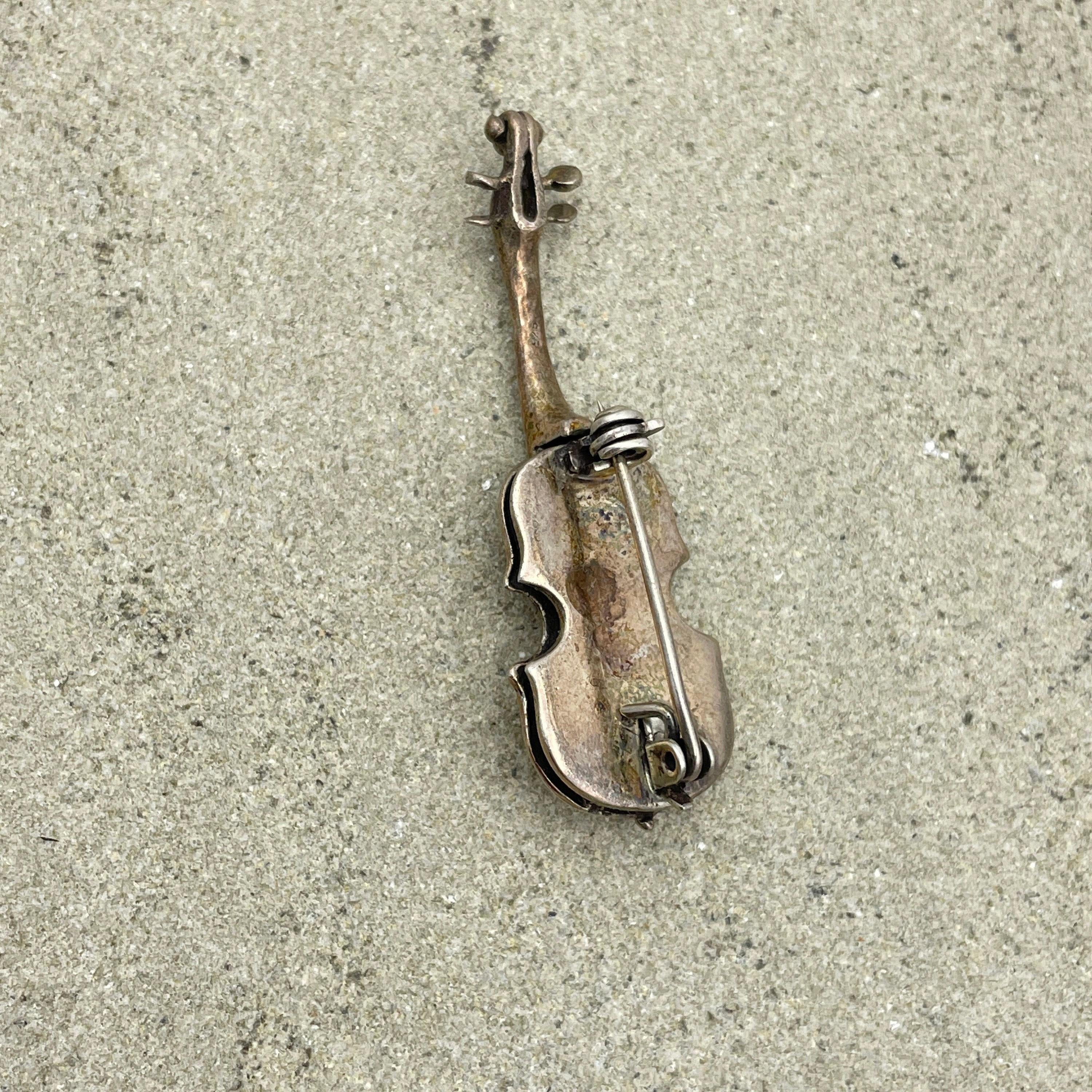 Vintage hand made silver violin brooch