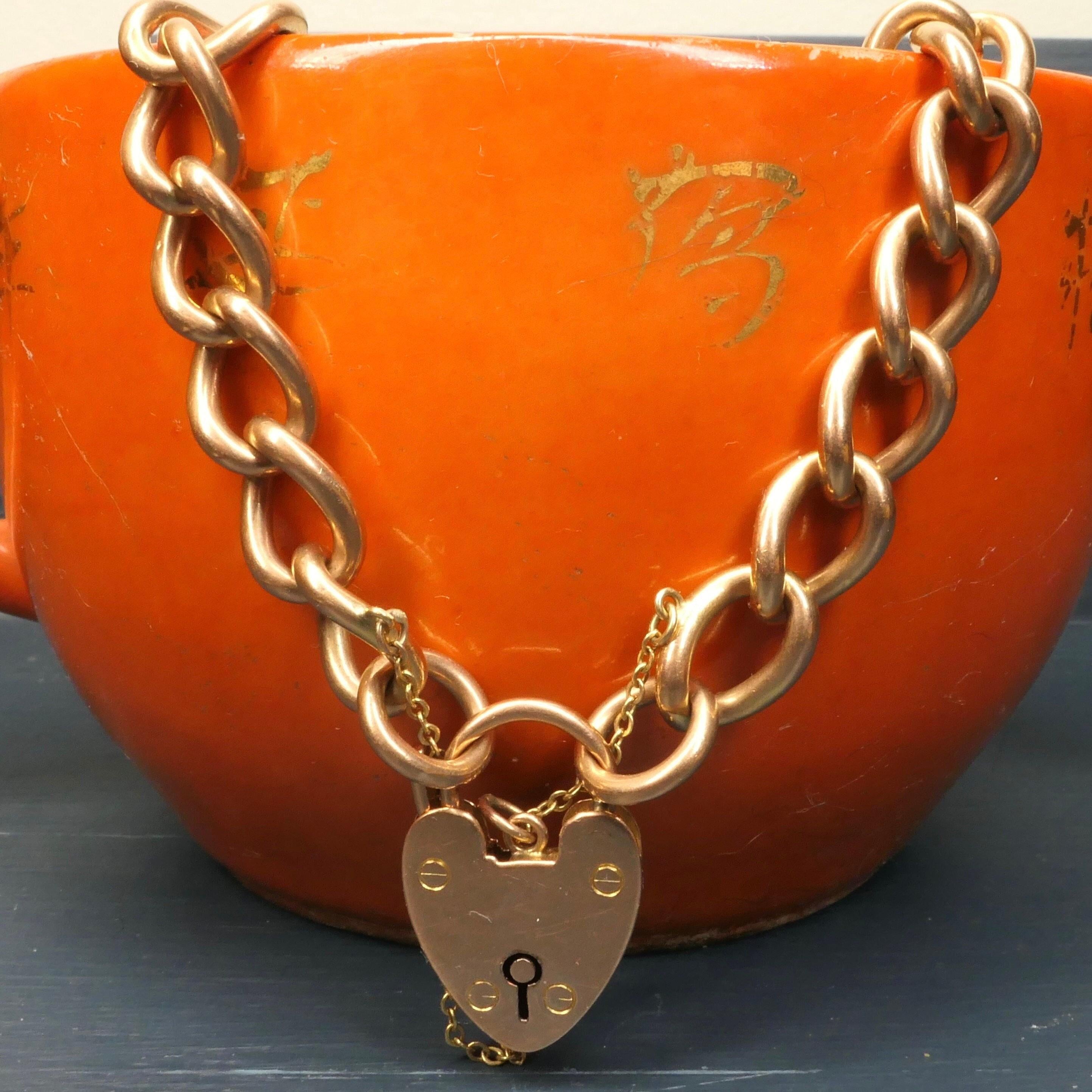 Antique, 9ct Rose Gold, Curb Link Chain Bracelet With Heart Padlock Clasp