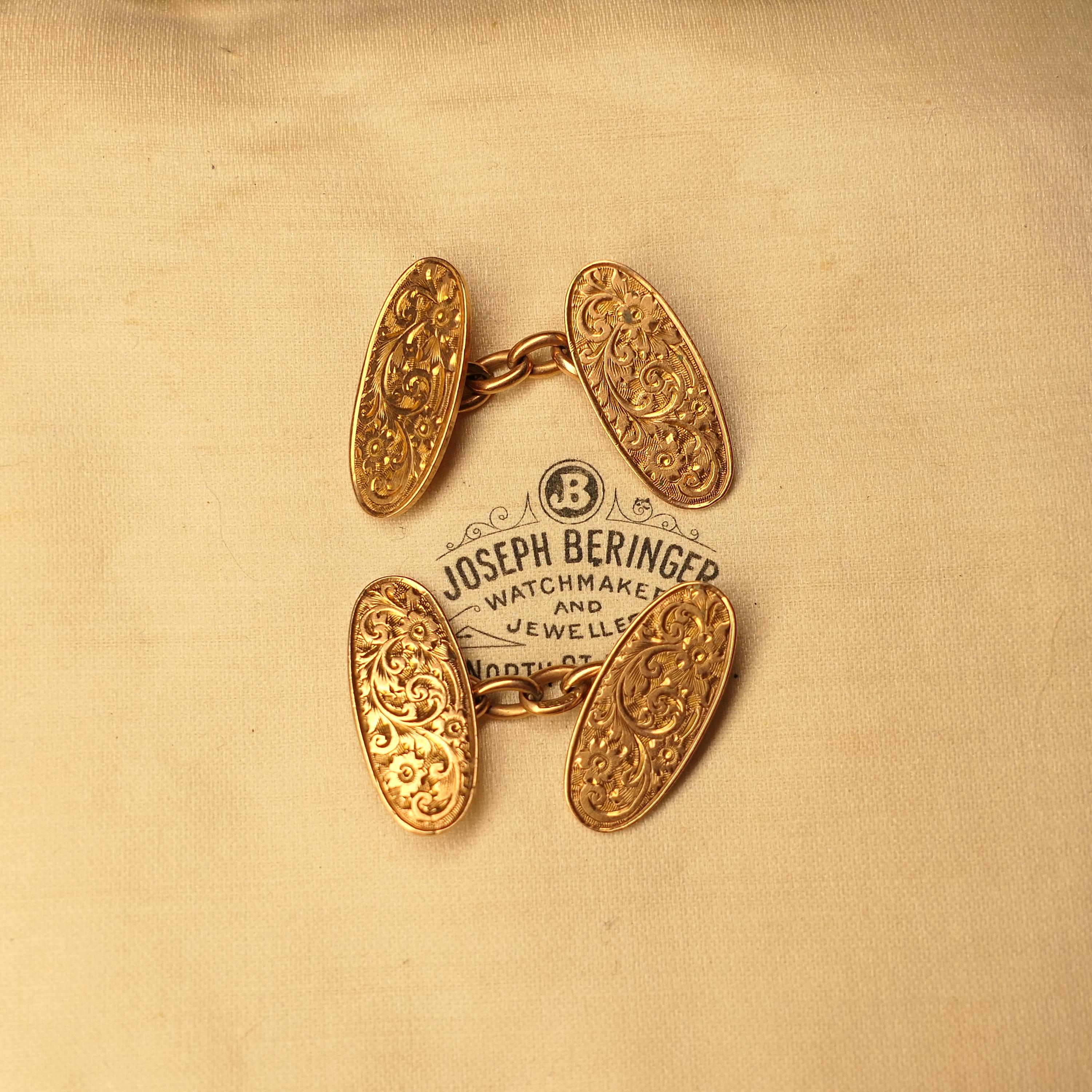 Victorian 9ct Rose Gold, Hand Engraved Oval Cufflinks, Hallmarked 1898