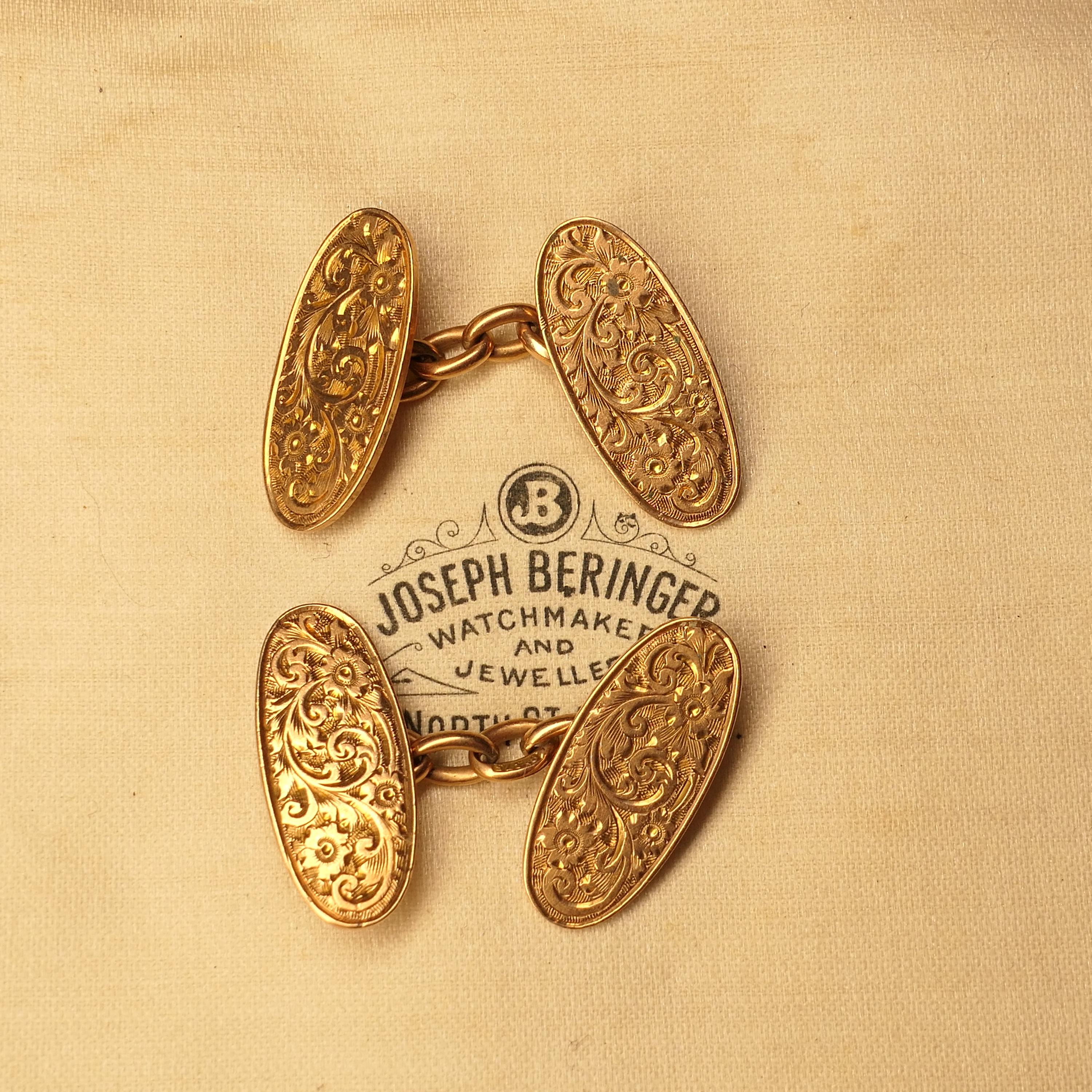 Victorian 9ct Rose Gold, Hand Engraved Oval Cufflinks, Hallmarked 1898