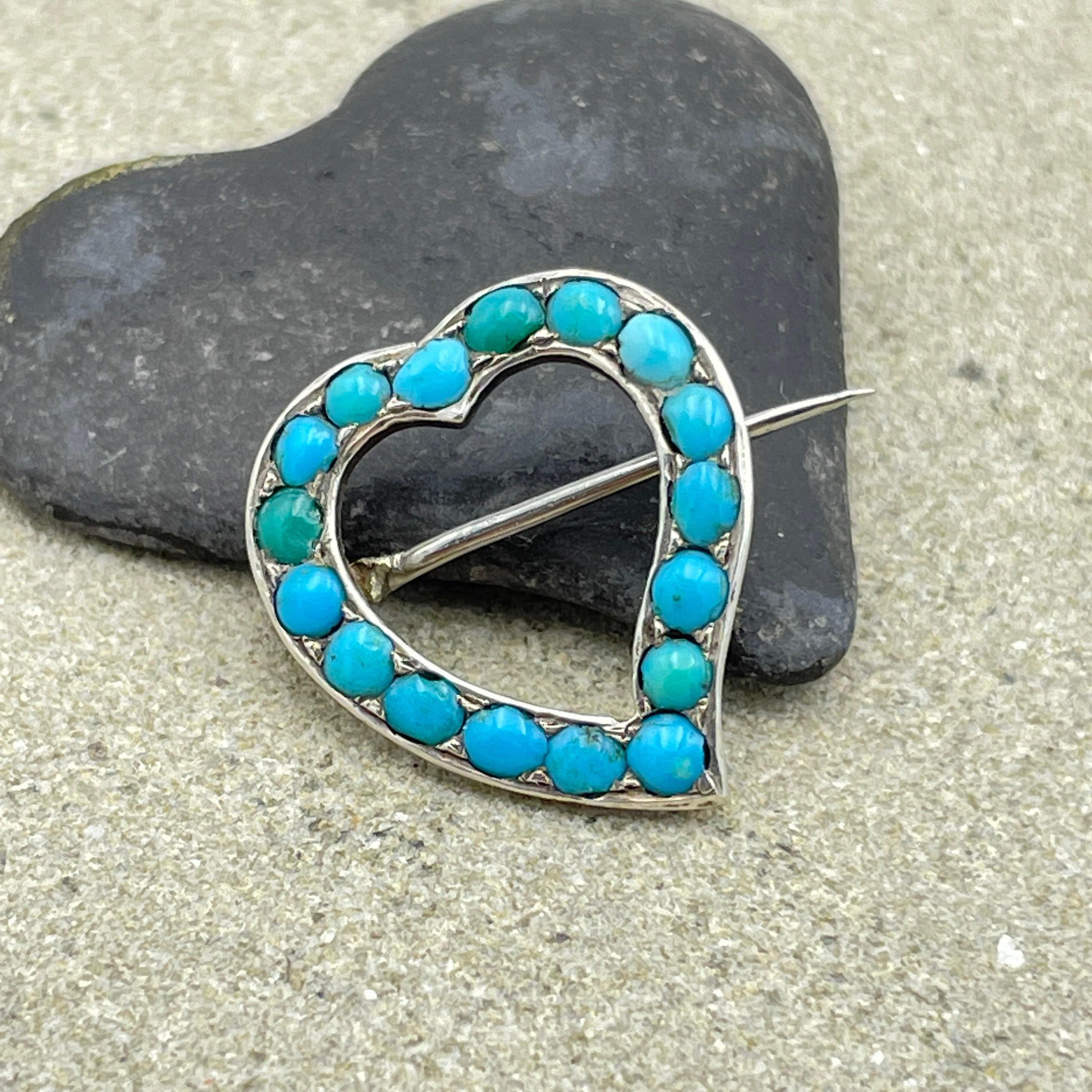Victorian Sterling Silver, Turquoise Witches Heart Brooch
