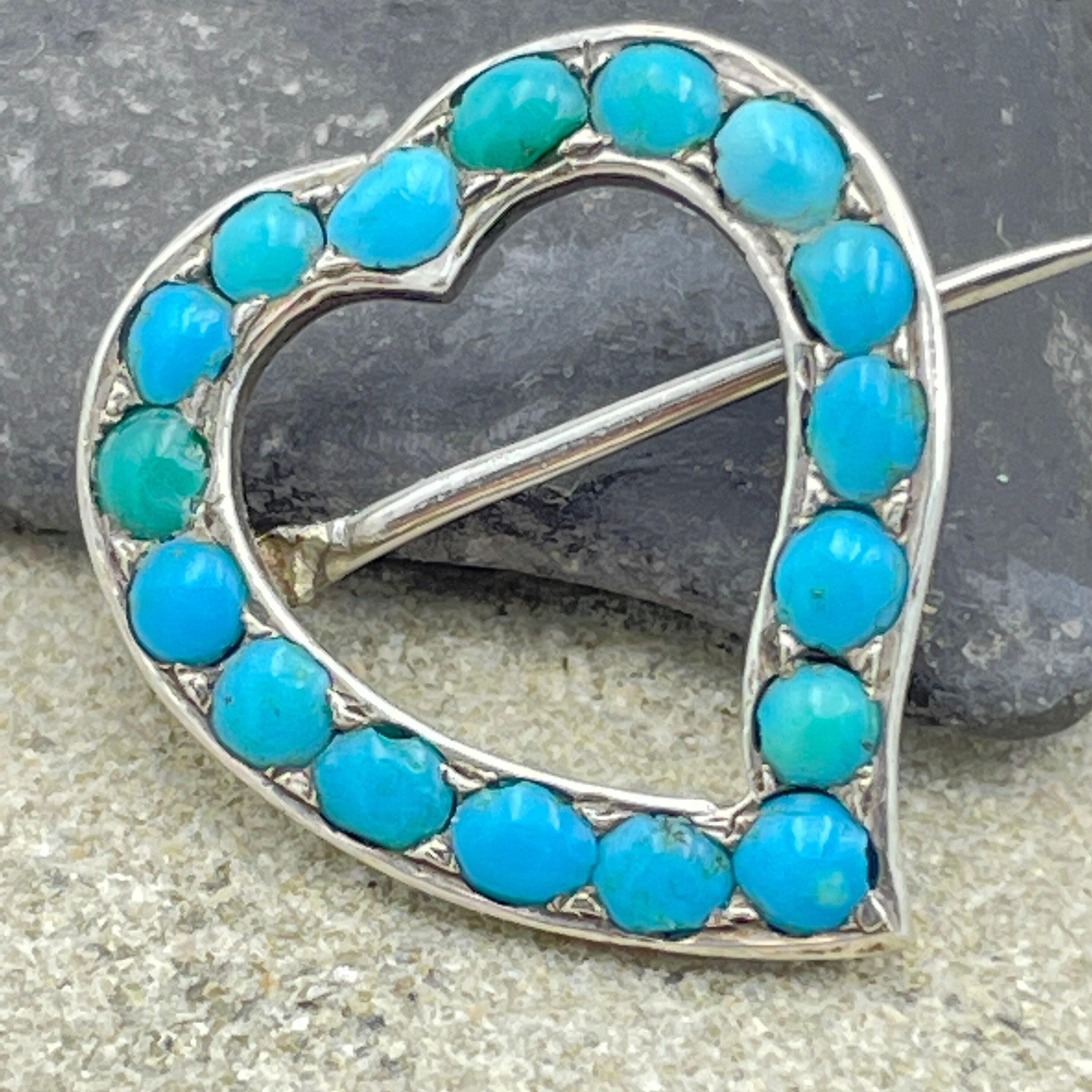 Victorian Sterling Silver, Turquoise Witches Heart Brooch