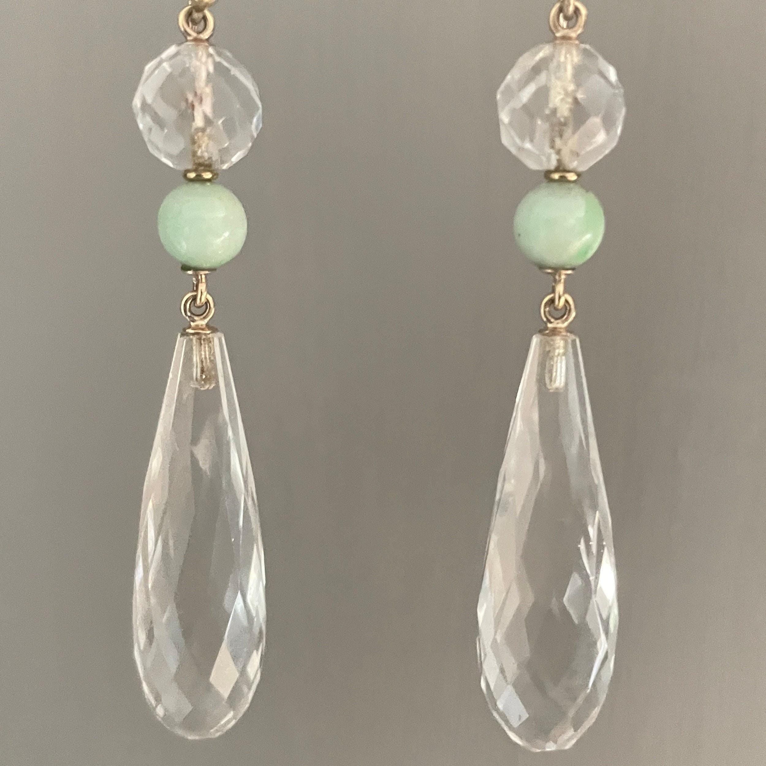 1920s Art Deco, 9ct Gold, Briolette Rock Crystal & Jade, Long Drop Earrings