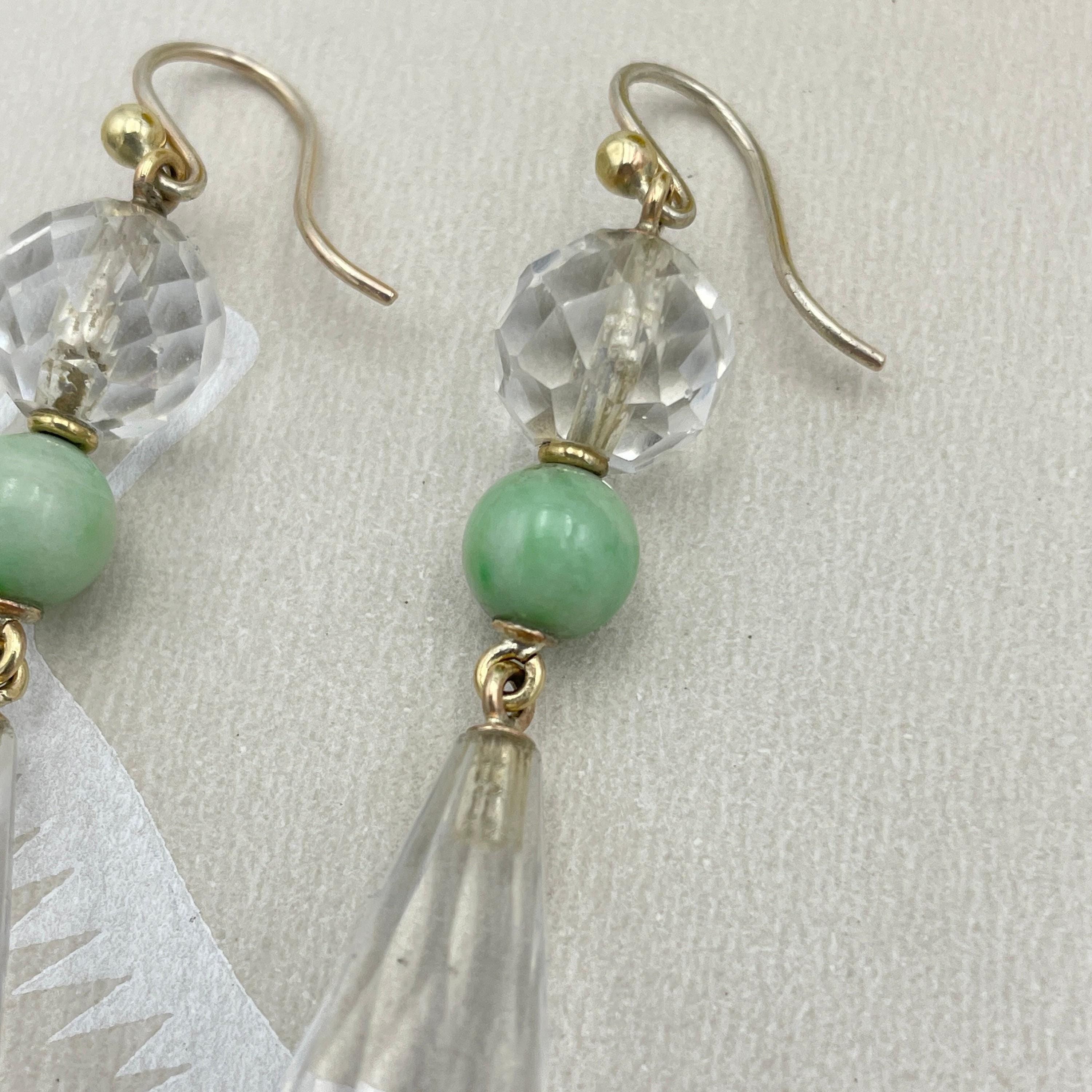 1920s Art Deco, 9ct Gold, Briolette Rock Crystal & Jade, Long Drop Earrings