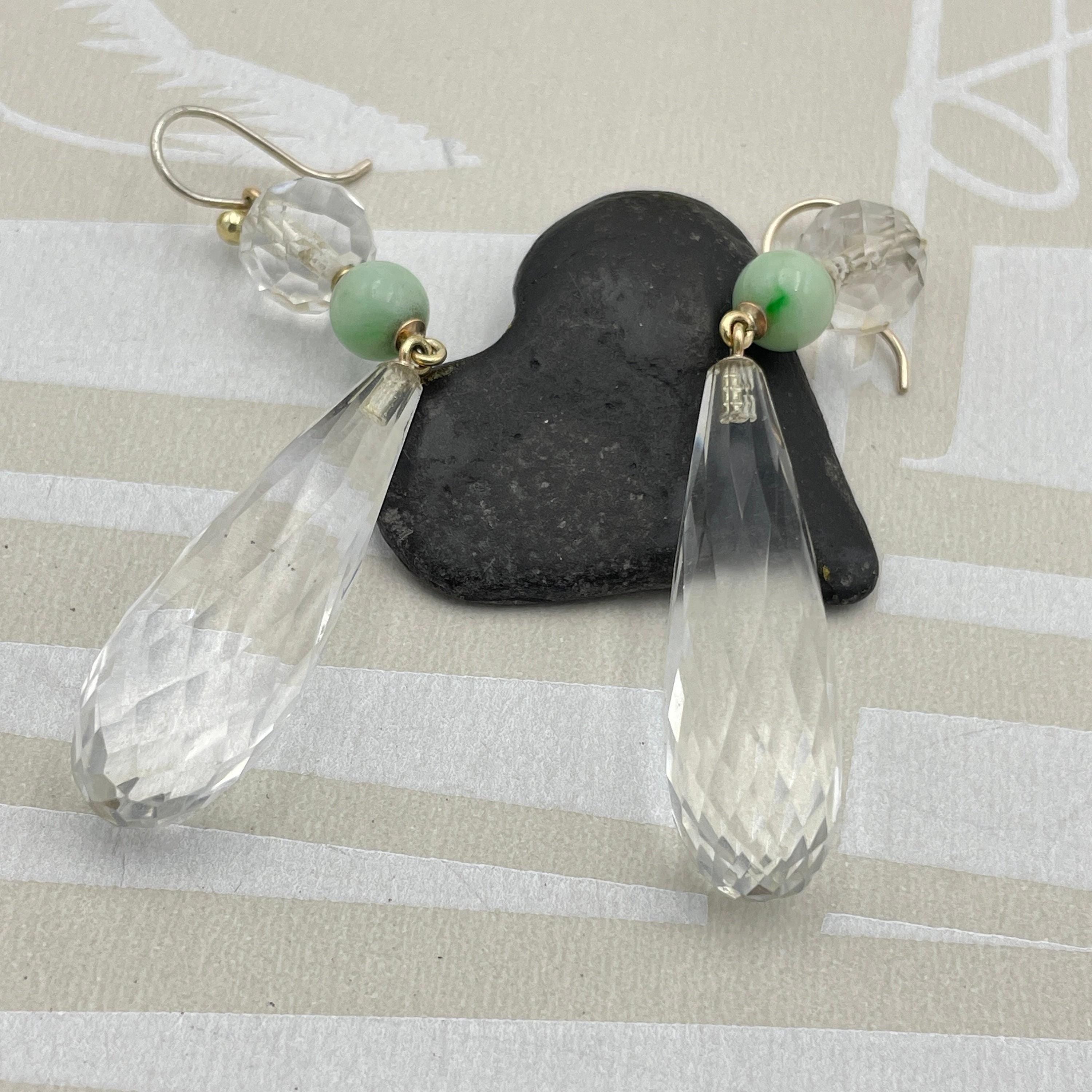 1920s Art Deco, 9ct Gold, Briolette Rock Crystal & Jade, Long Drop Earrings
