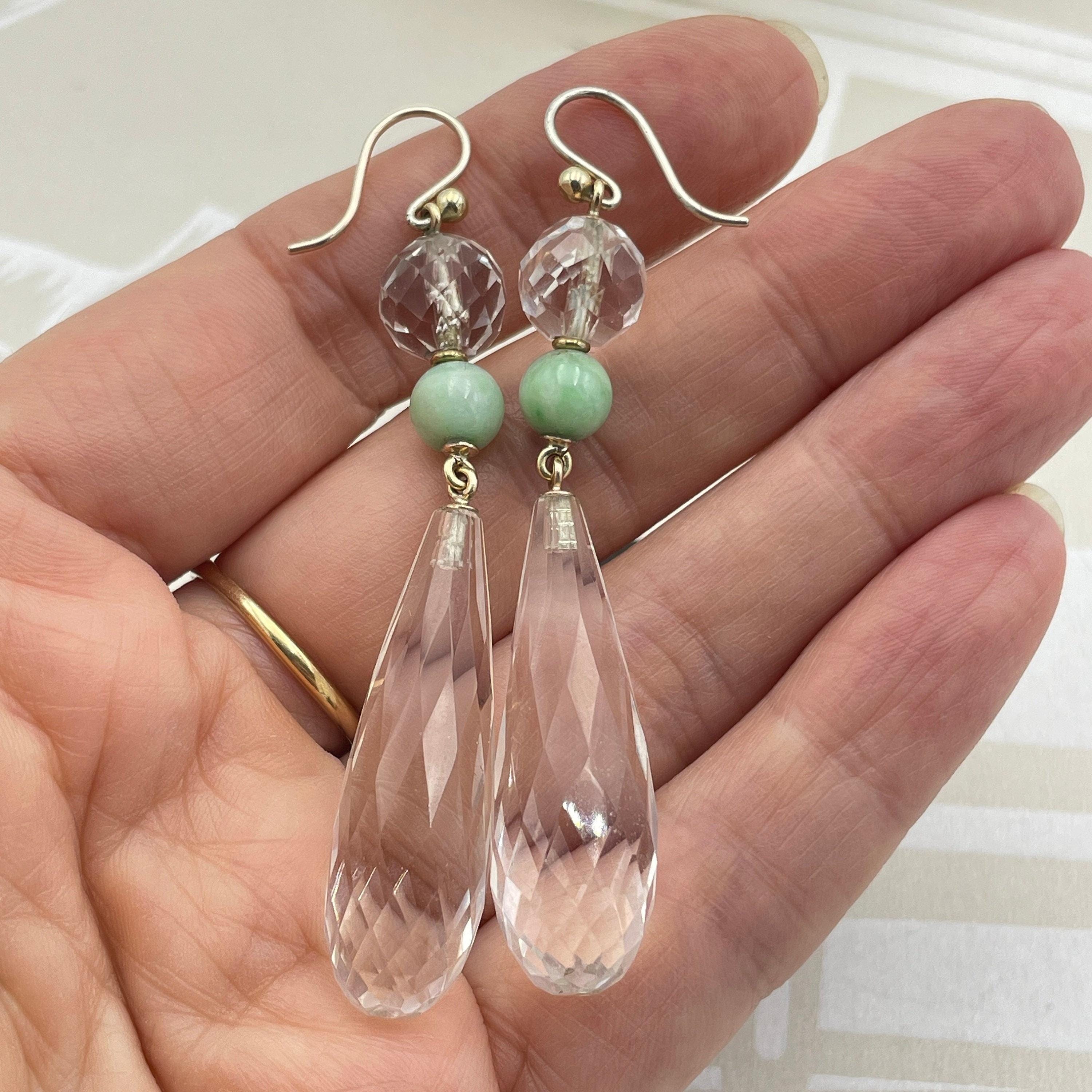 1920s Art Deco, 9ct Gold, Briolette Rock Crystal & Jade, Long Drop Earrings