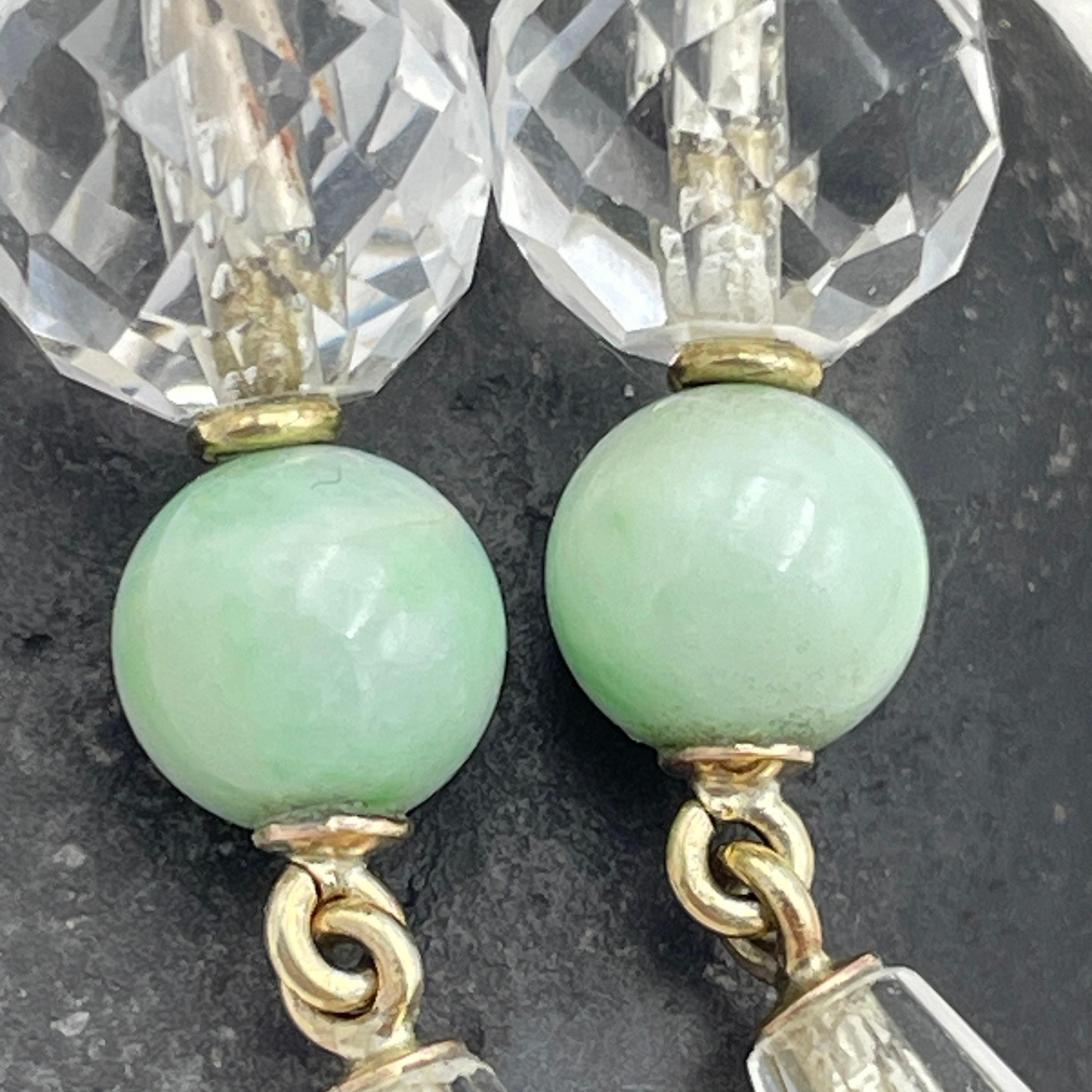 1920s Art Deco, 9ct Gold, Briolette Rock Crystal & Jade, Long Drop Earrings