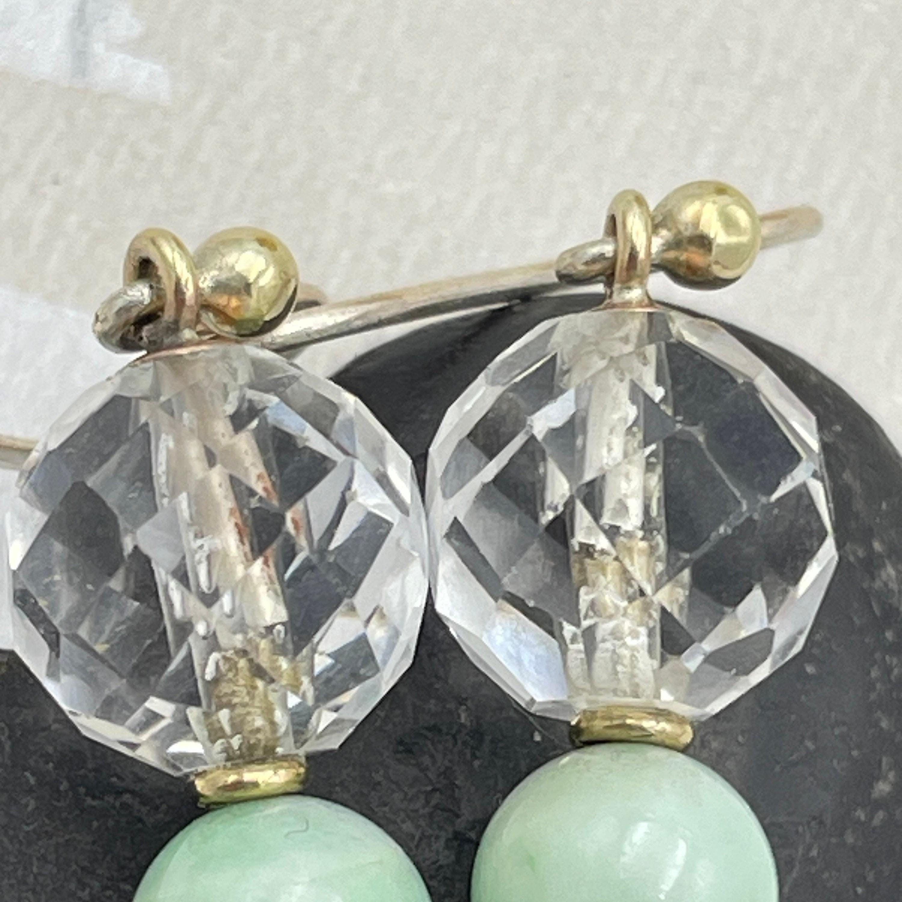 1920s Art Deco, 9ct Gold, Briolette Rock Crystal & Jade, Long Drop Earrings