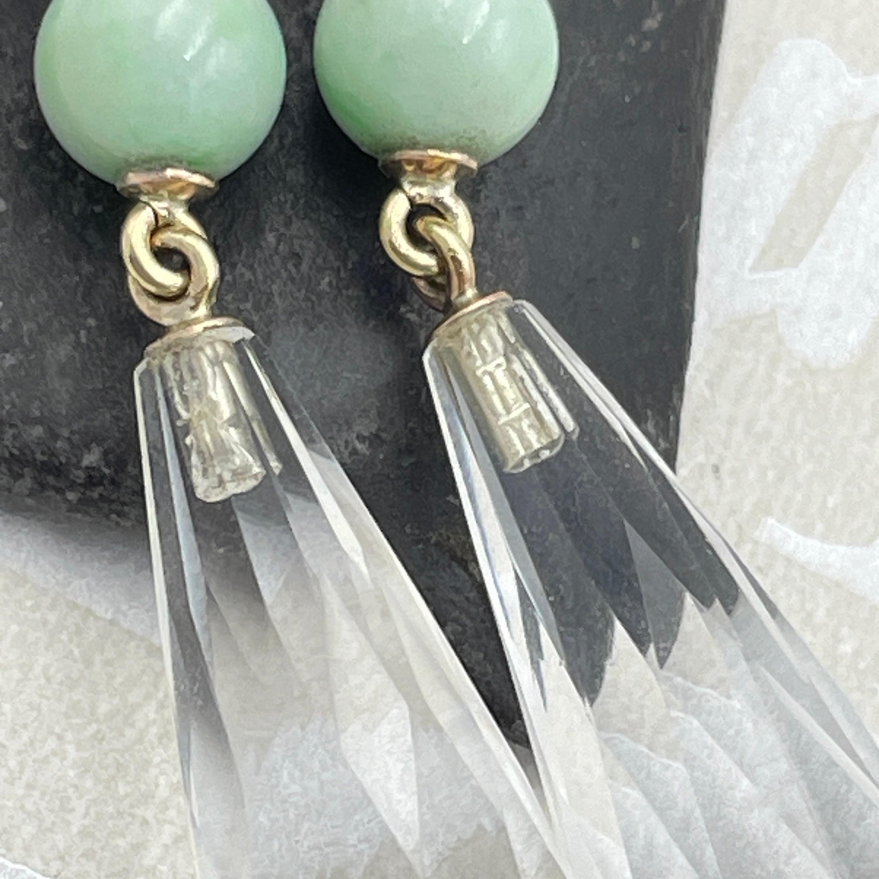 1920s Art Deco, 9ct Gold, Briolette Rock Crystal & Jade, Long Drop Earrings