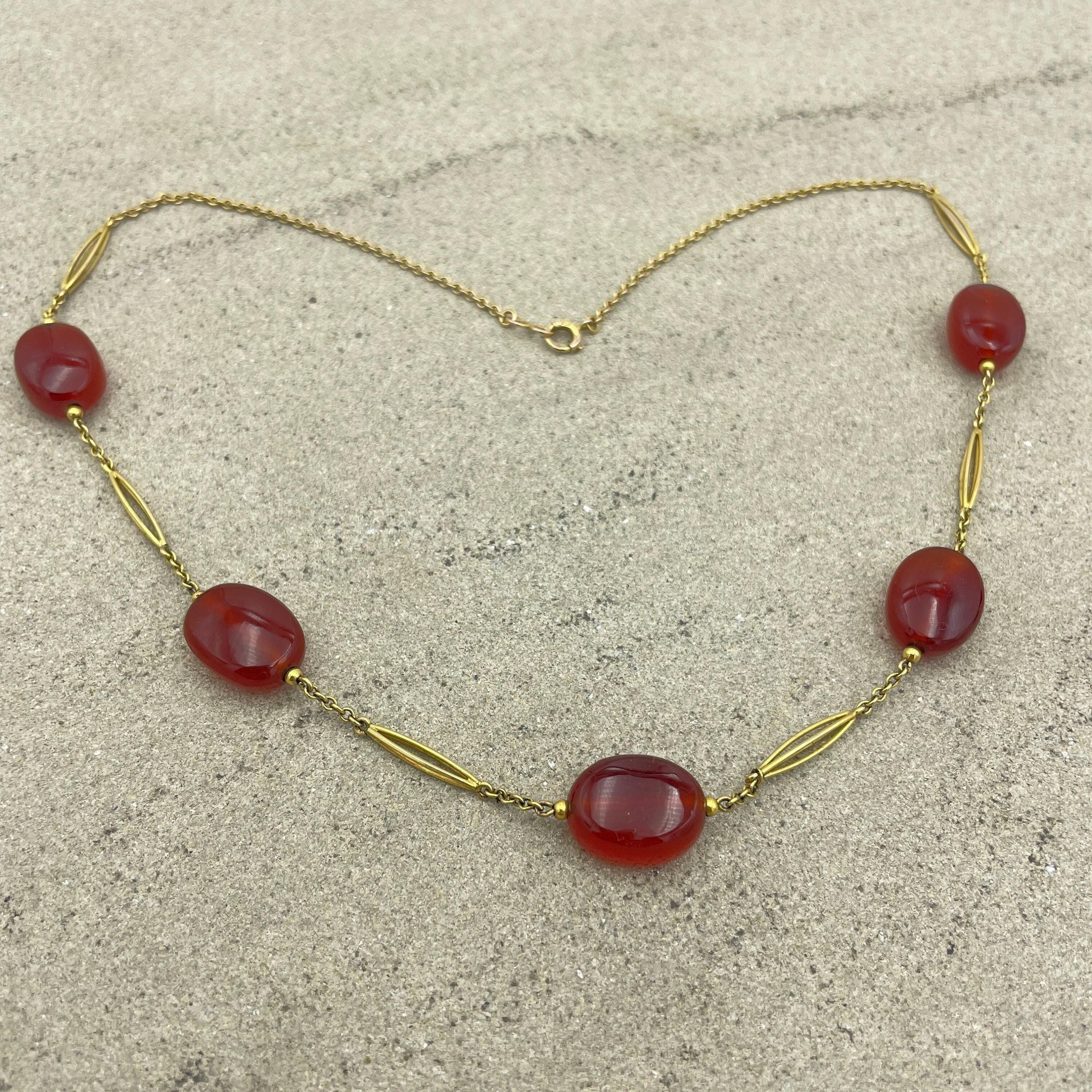 Art deco 9ct gold & carnelian beaded chain necklace c1920s