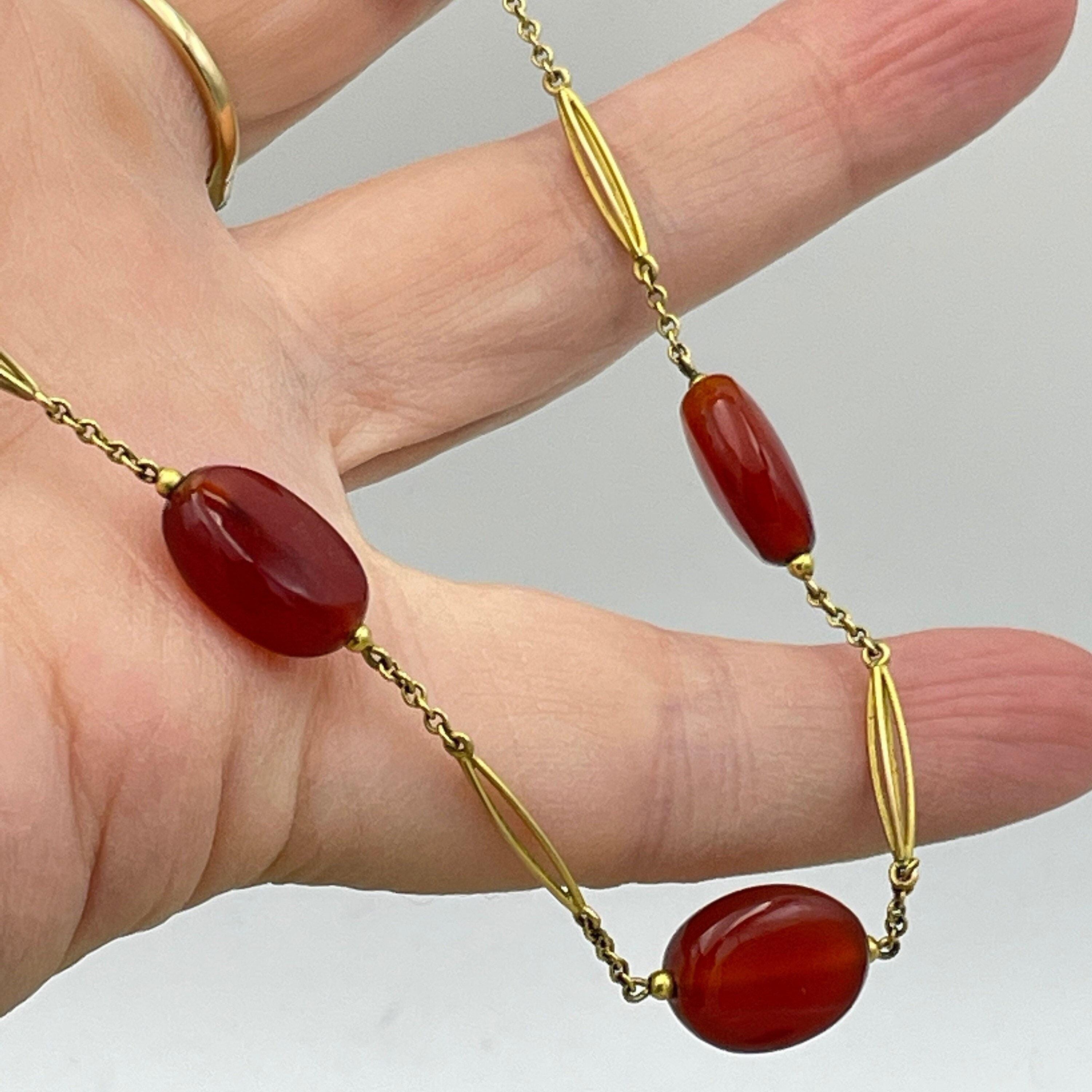 Art deco 9ct gold & carnelian beaded chain necklace c1920s