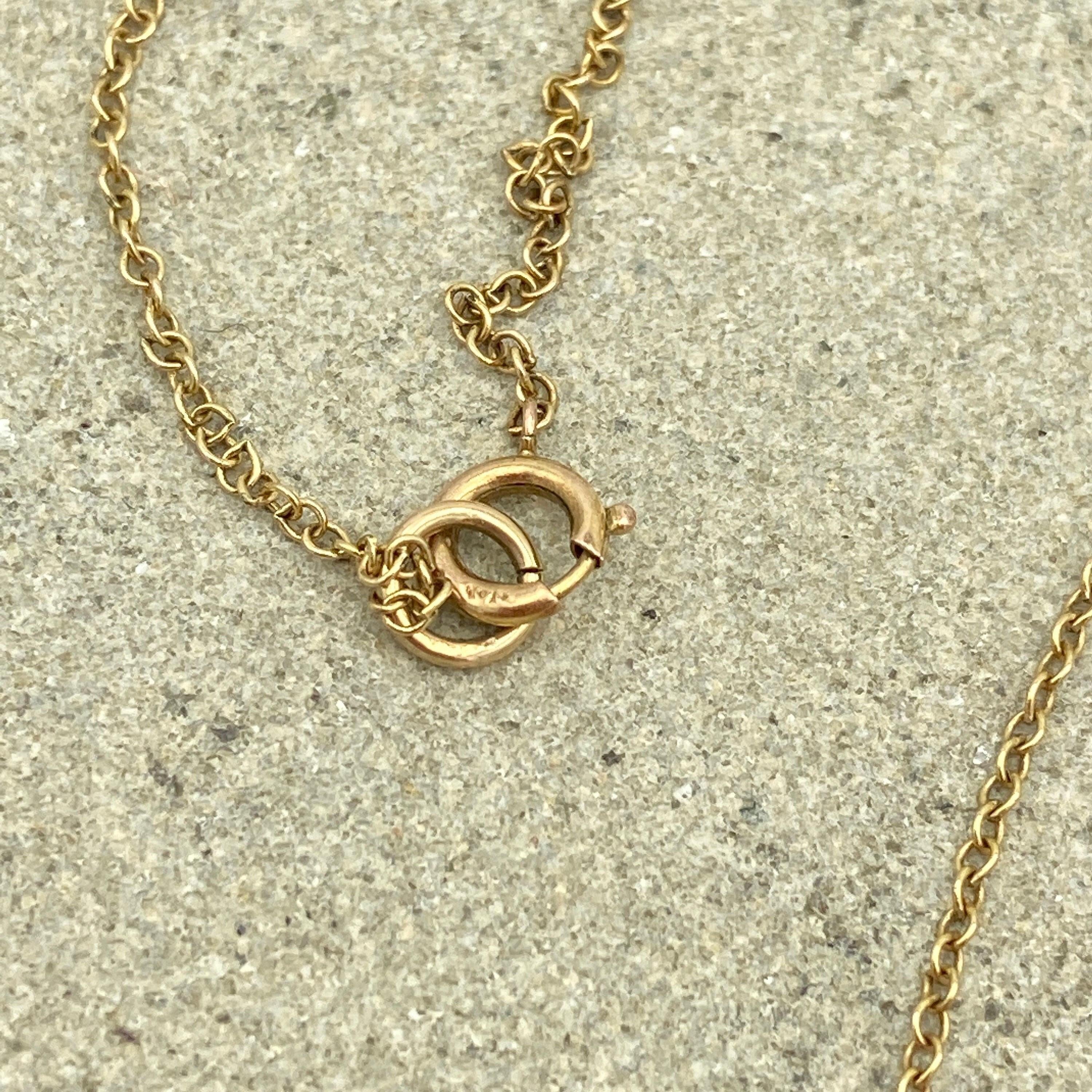 Art deco 9ct gold faceted pink glass drop fine trace link chain necklace 39cm long 9k gold