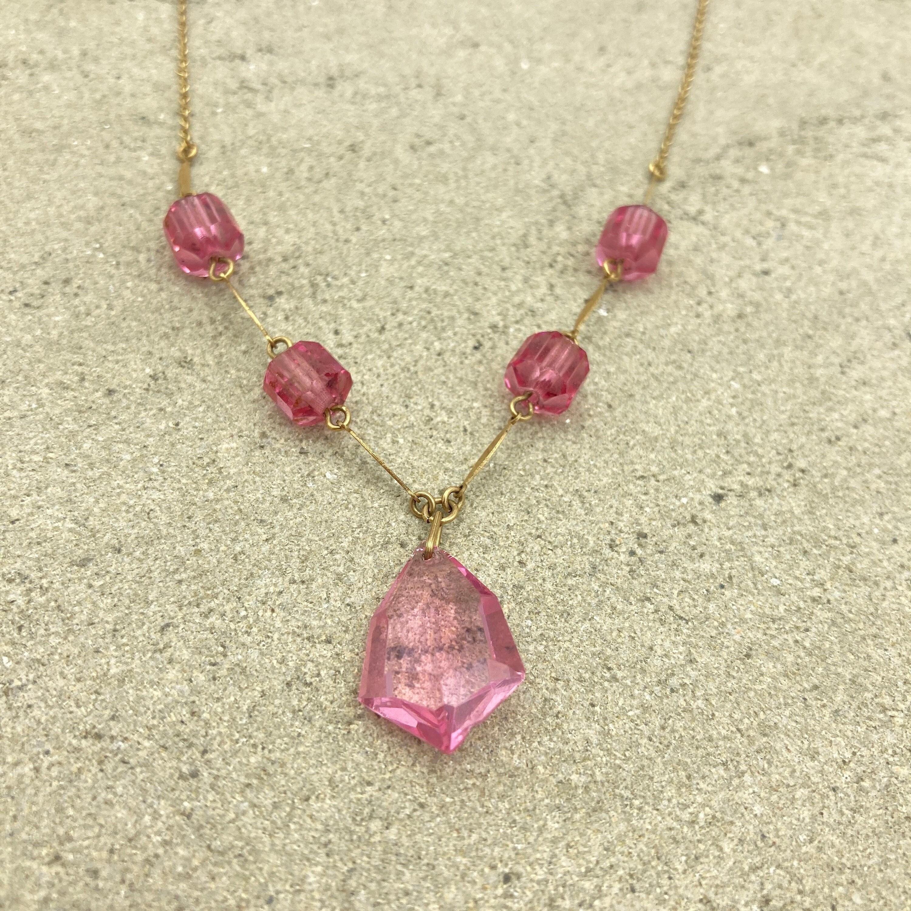 Art deco 9ct gold faceted pink glass drop fine trace link chain necklace 39cm long 9k gold