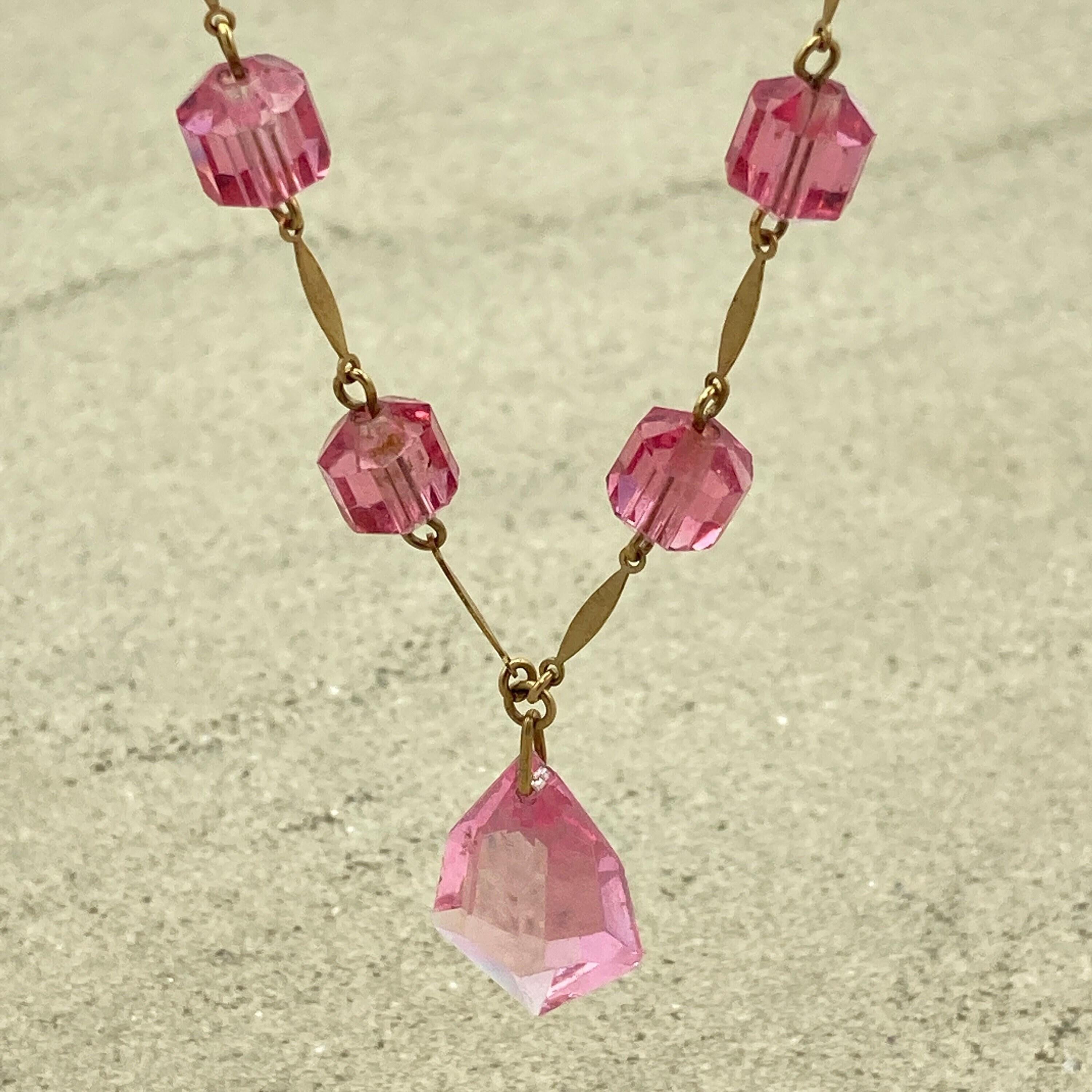 Art deco 9ct gold faceted pink glass drop fine trace link chain necklace 39cm long 9k gold