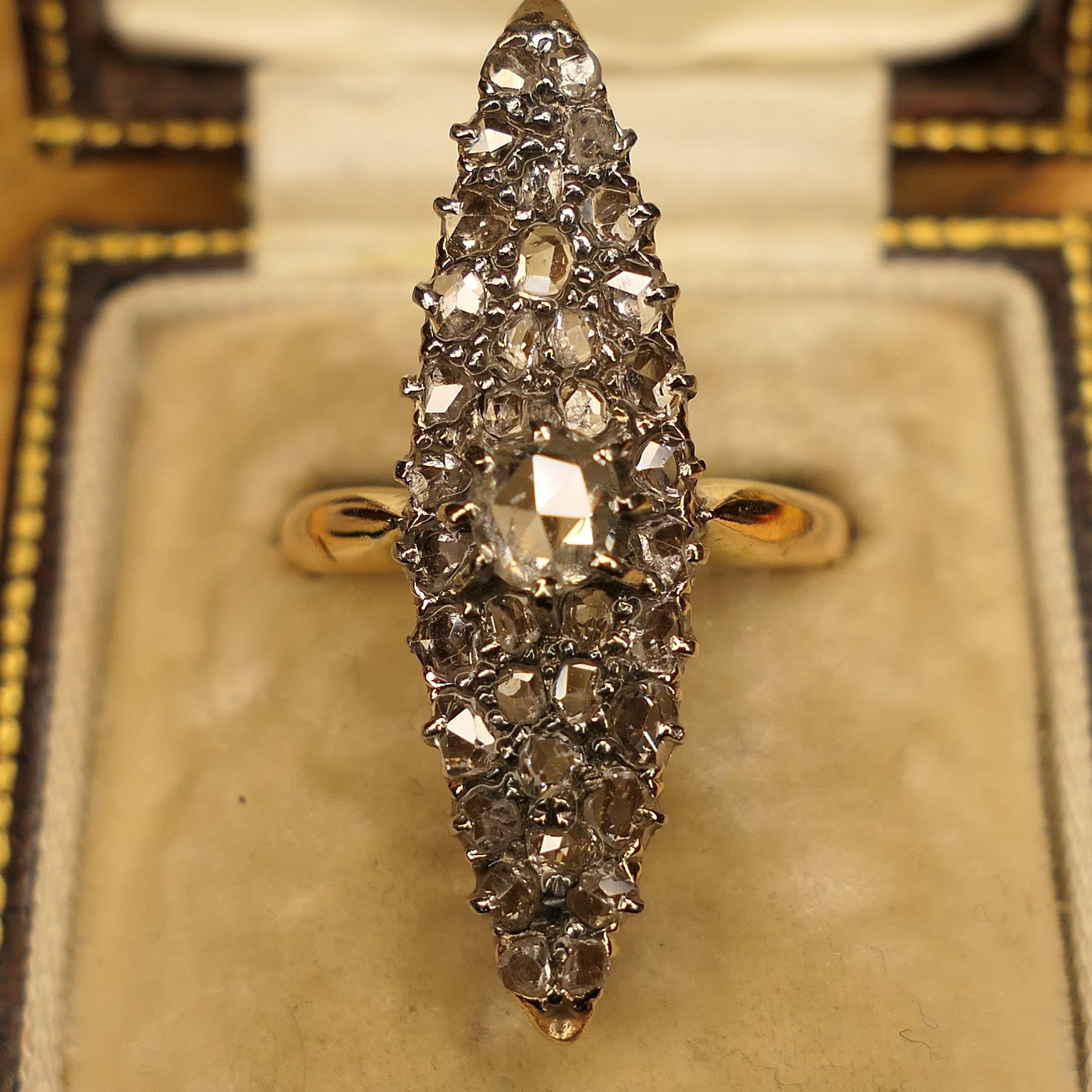 Victorian 18ct gold & silver, rose cut diamond, navette ring